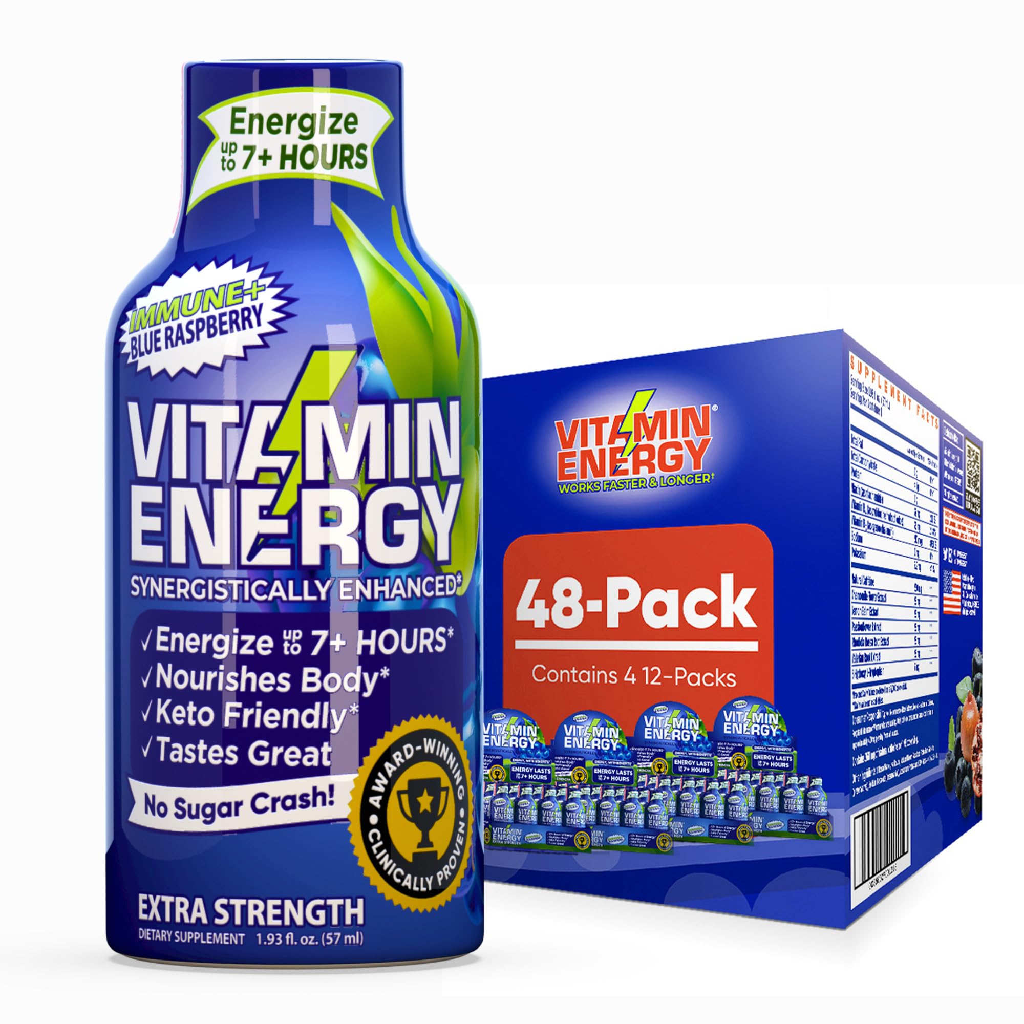 Vitamin Energy Immune+ Shot azul frambuesa en botella, para energía rápida y sabrosa