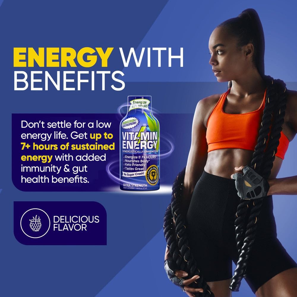 Etiqueta azul frambuesa de Vitamin Energy Immune+ Shot para uso diario