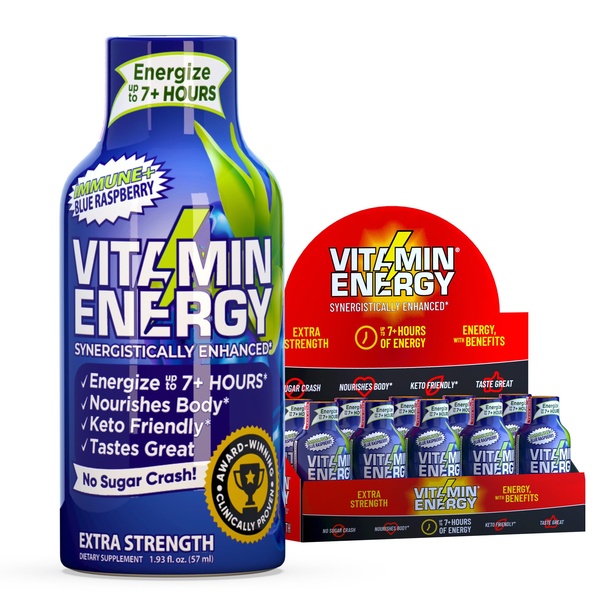 Vitamin Energy Immune+ shot frambuesa azul, energía sostenida para tus mañanas.