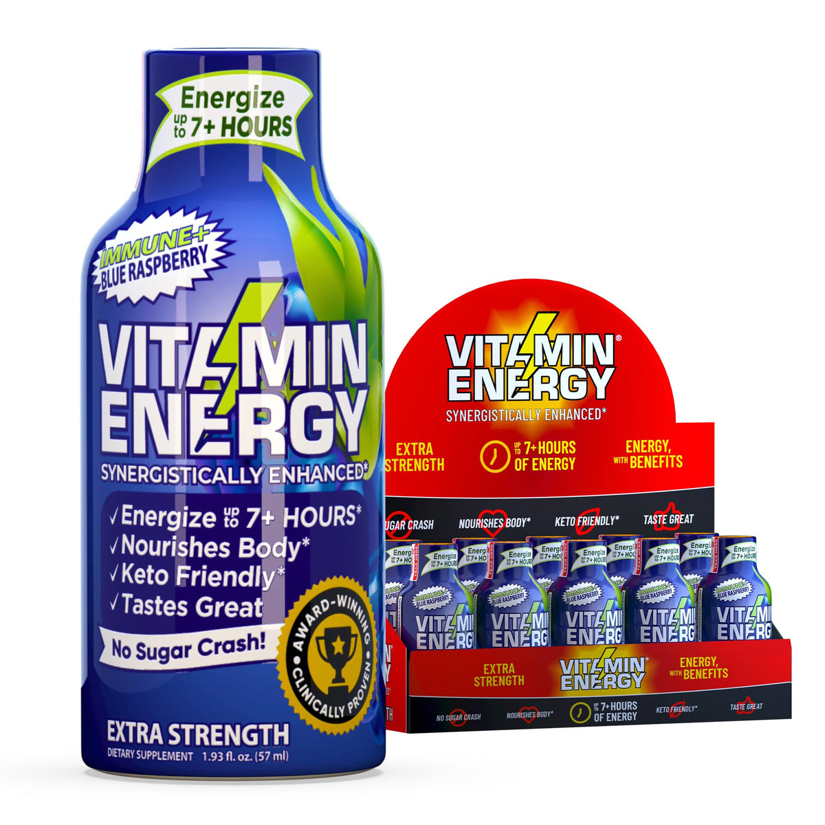 Vitamin Energy Immune+ shot frambuesa azul, energía sostenida para tus mañanas.