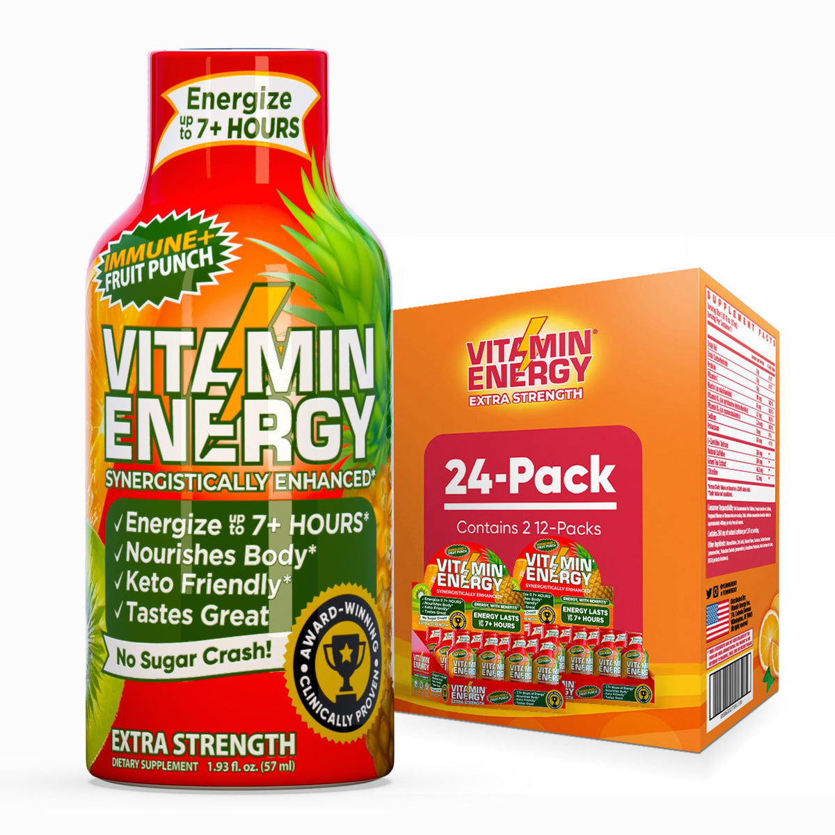 Vitamin Energy Immune+ Shot Fruta, vista frontal de la botella para energía sostenida.
