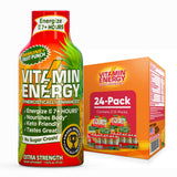 Vitamin Energy Immune+ Shot Fruta, vista frontal de la botella para energía sostenida.