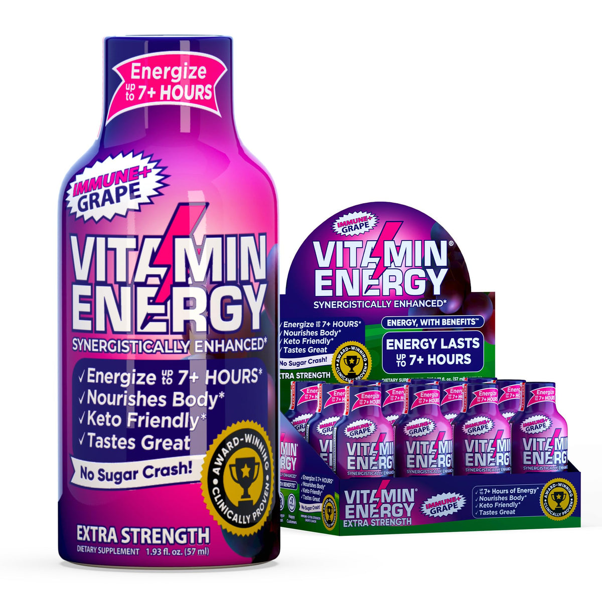 Vitamin Energy Immune+ Shot uva: botella lista para un impulso de energía sostenida.