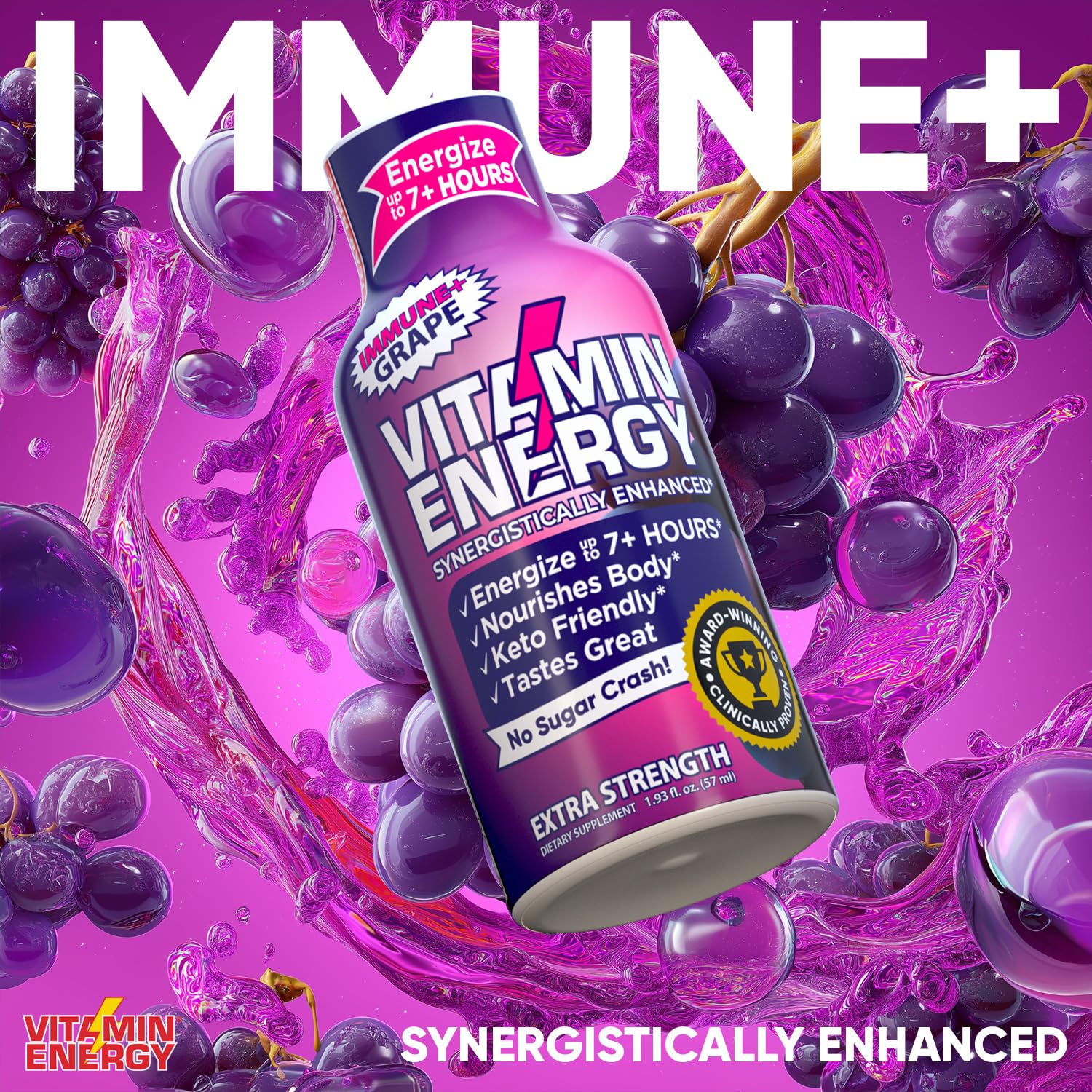 Vitamin Energy Immune+ Shot uva, pack de 12 para consumo diario.