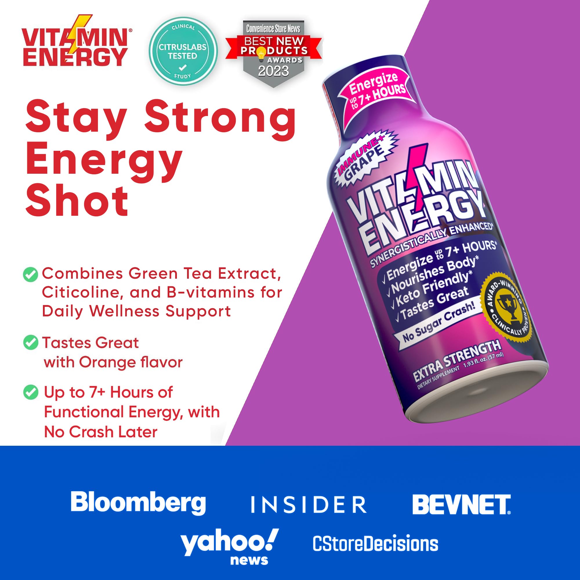 Vitamin Energy Immune+ Shot uva, vaso destaca color morado y frescura.