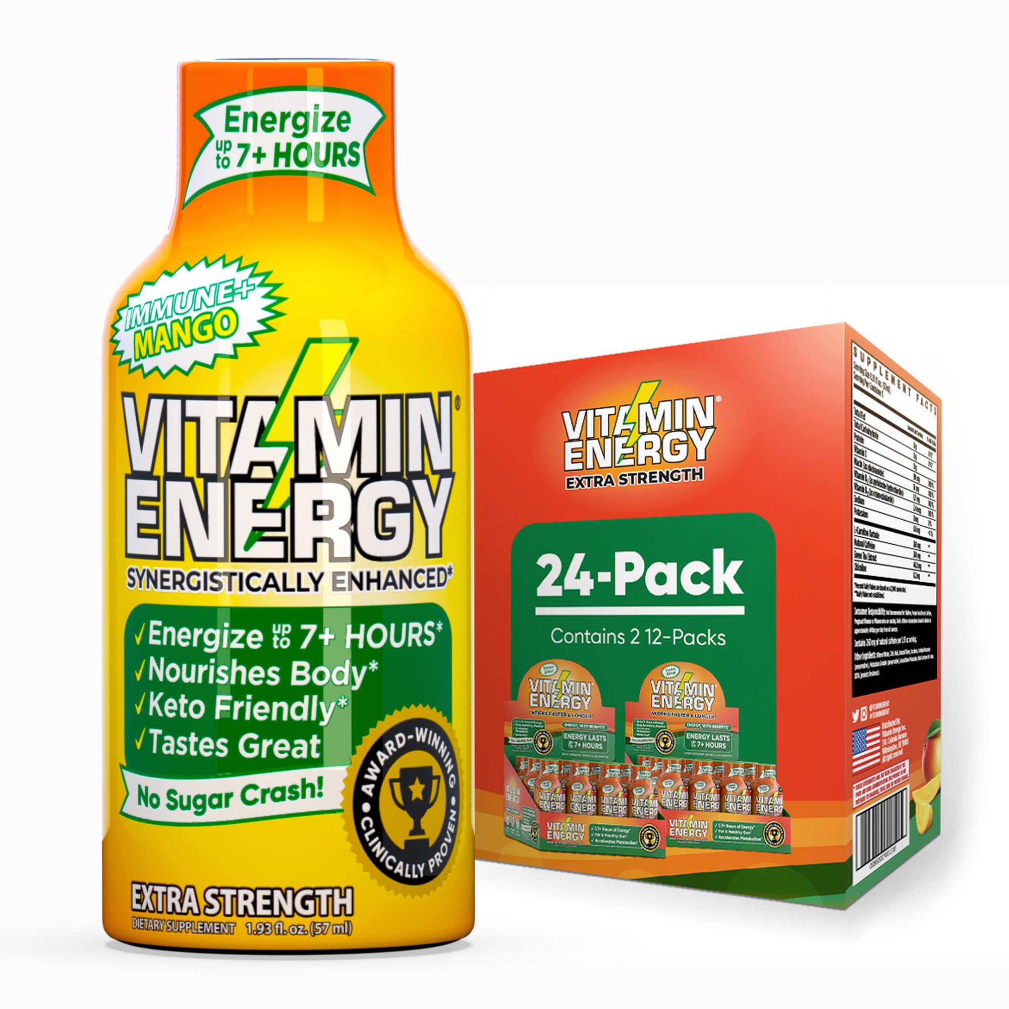 Vitamin Energy Immune+ Mango en botella vertiendo, energía sostenida para el día