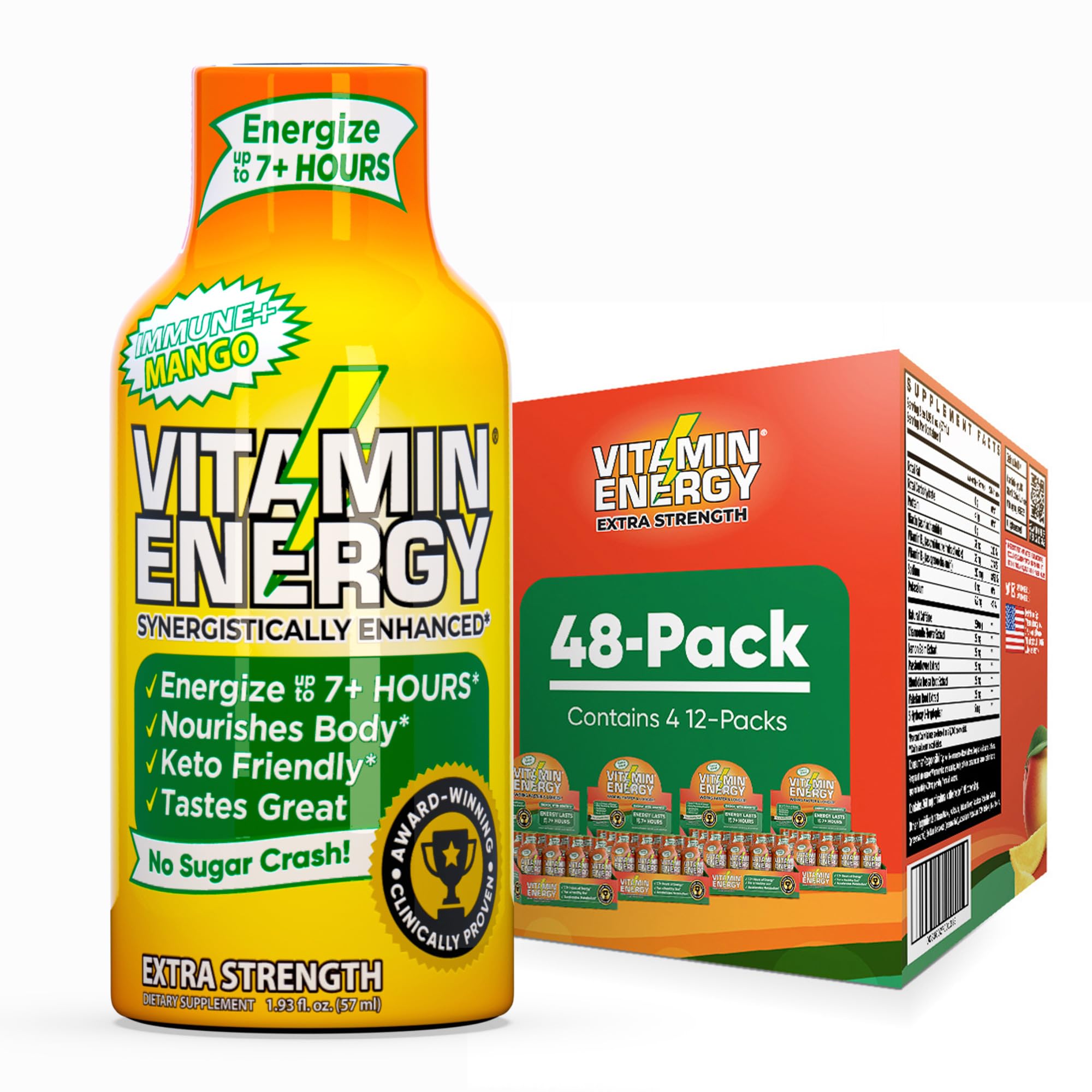Vitamin Energy Immune+ Mango, botella portátil: energía rápida y sabor tropical.