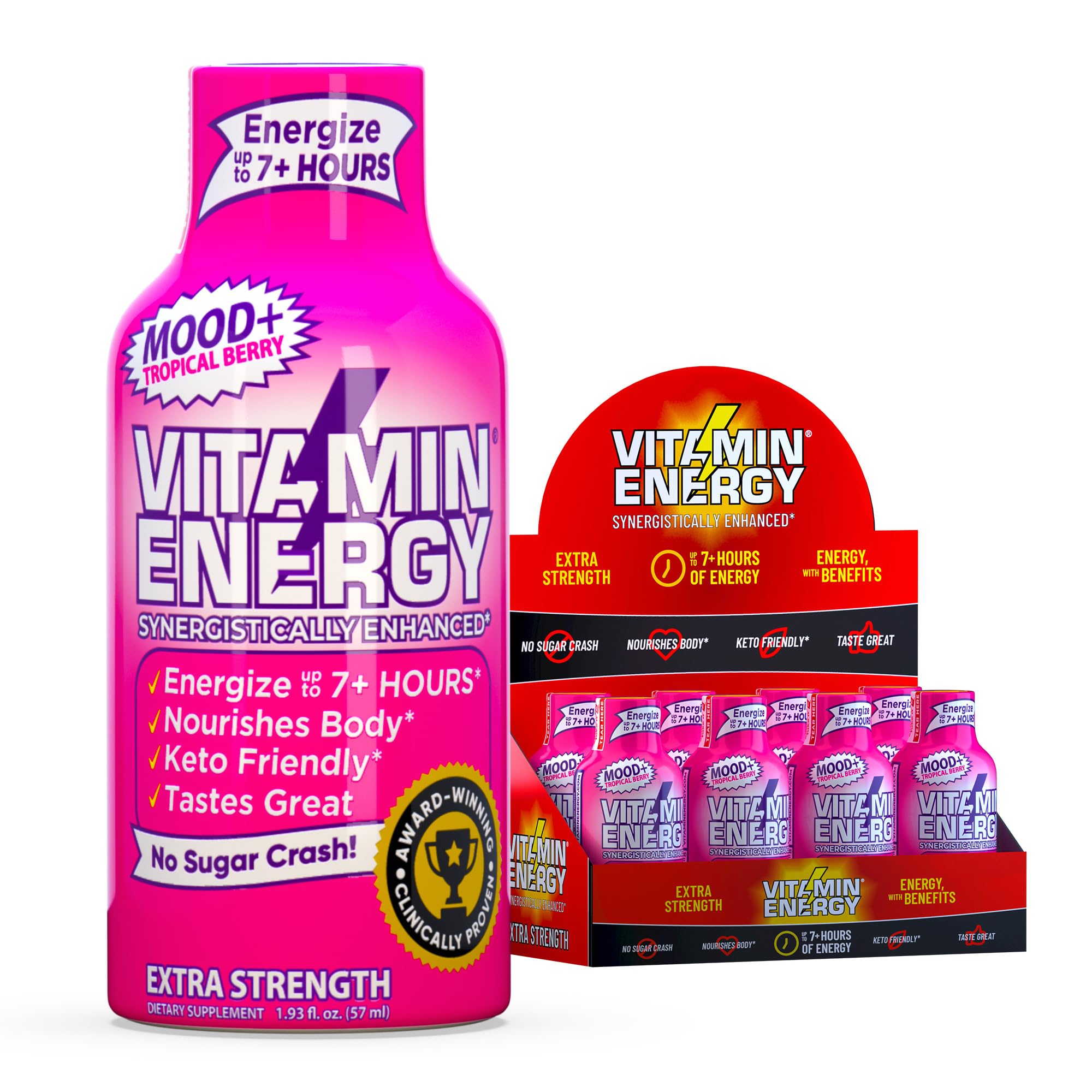 Vitamin Energy Mood+ Energizante: empaque exterior para paquete de 8 y conveniencia diaria