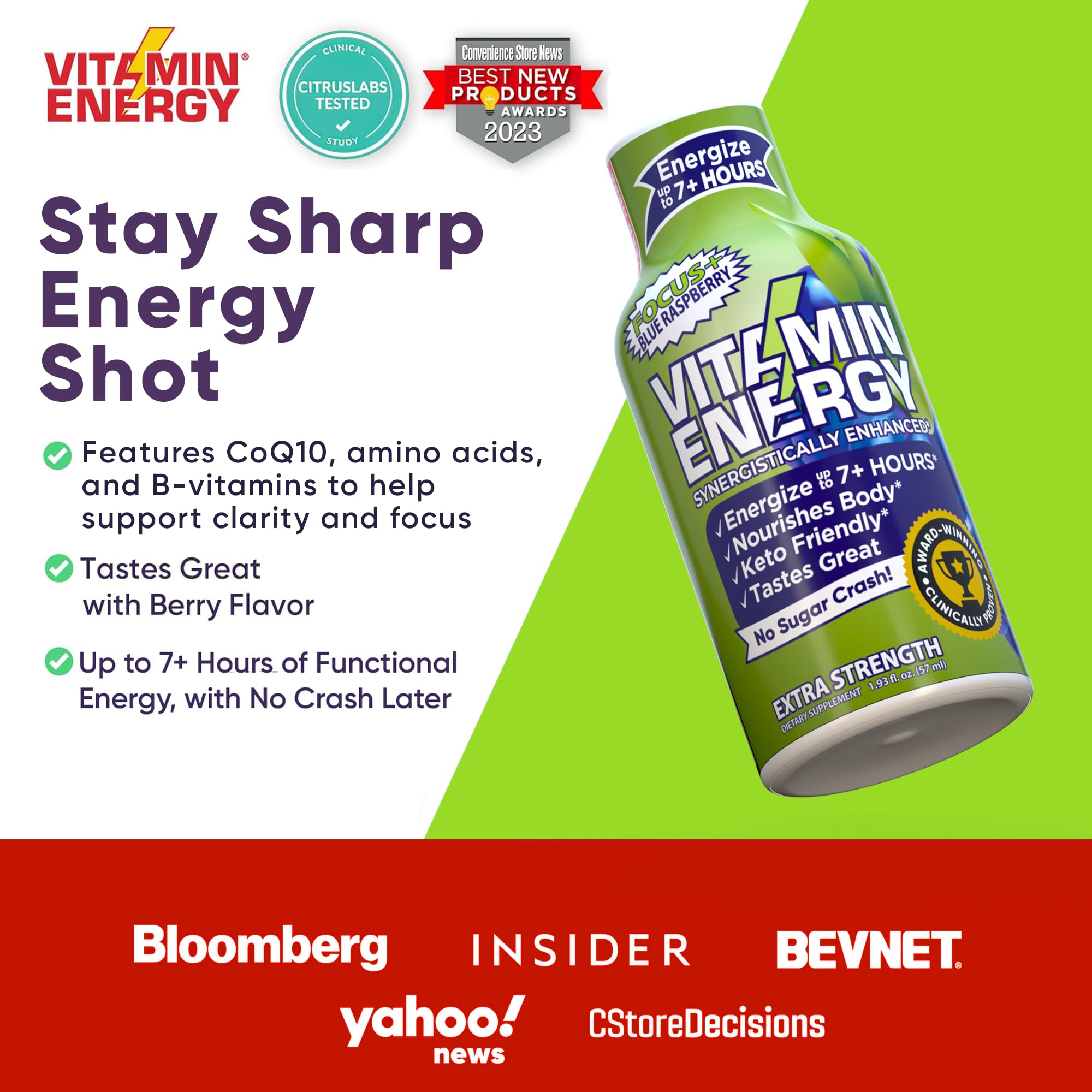 Vitamin Energy Shot aminoácidos para claridad y resistencia mental durante tareas largas.