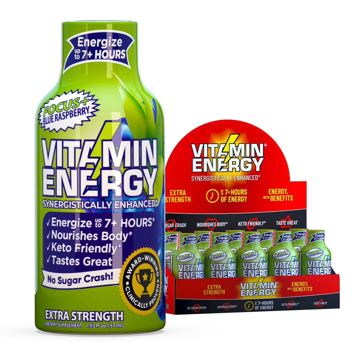 Vitamin Energy Shot azul-frambuesa, ideal para enfoque sostenido durante el estudio.