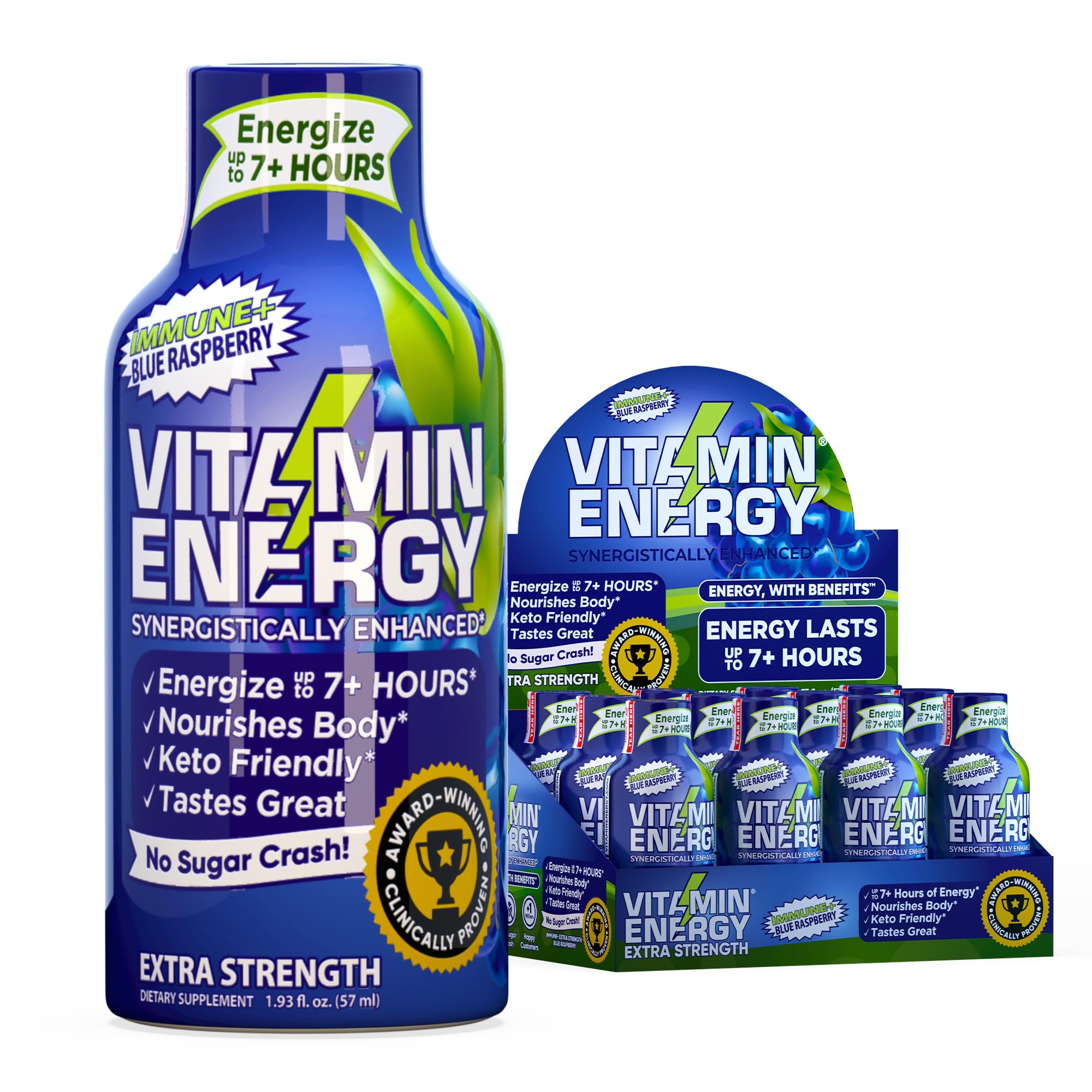 Vitamin Energy Shot frambuesa azul en envase, energía sostenida para el día