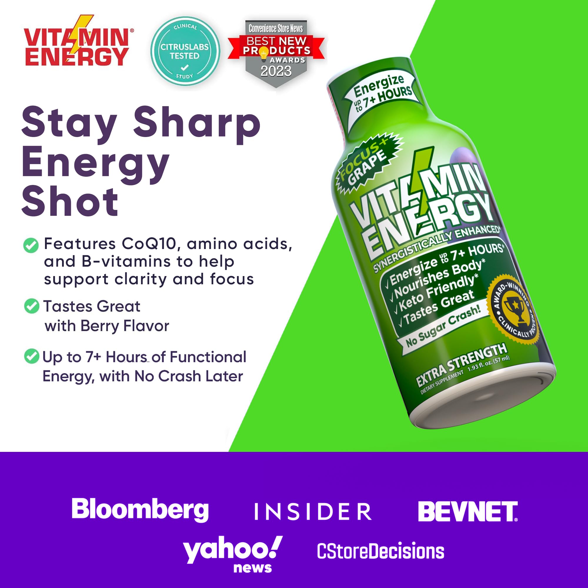 Vitamin Energy Shot: ingredientes clave como CoQ10 y aminoácidos para apoyo cognitivo.