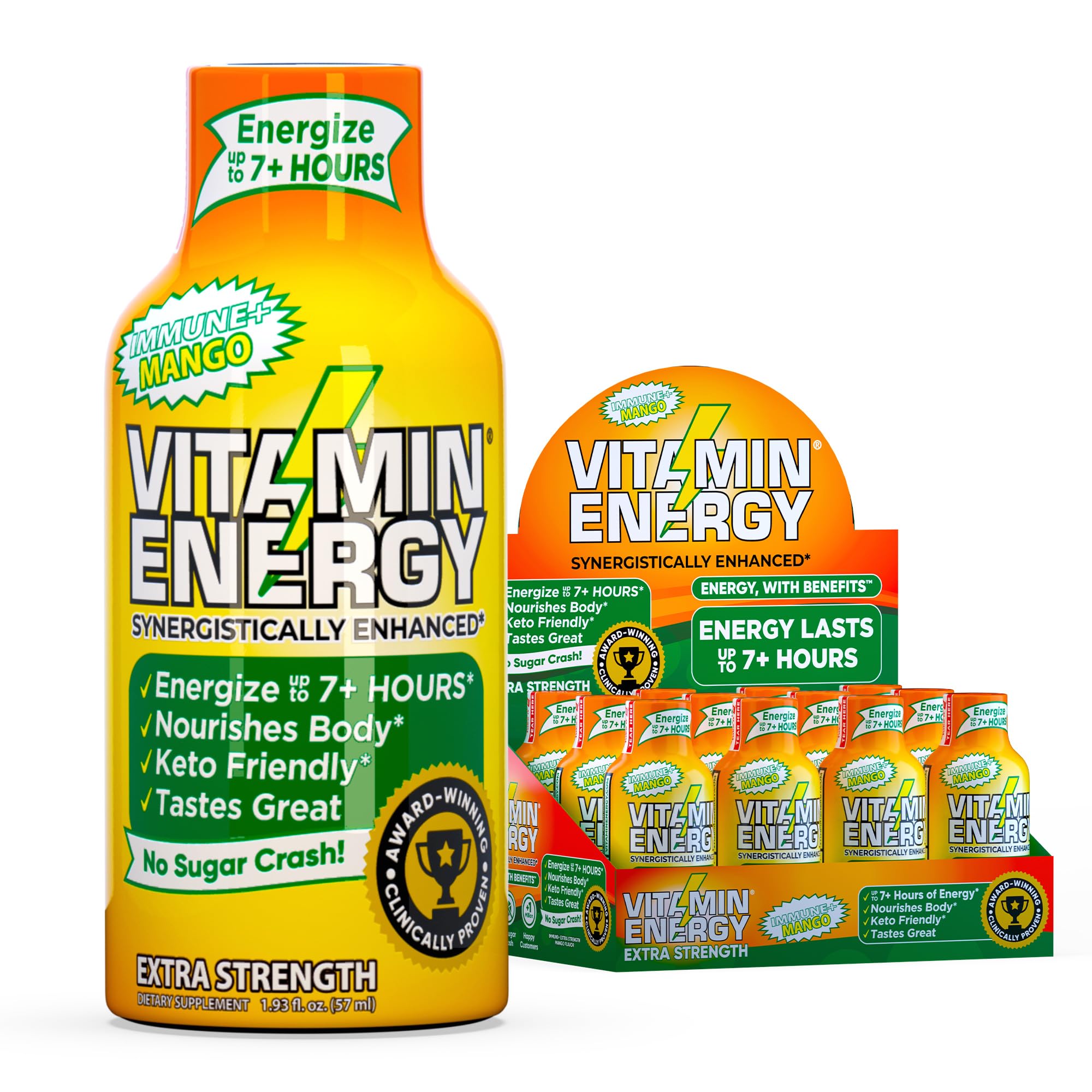 Vitamin Energy Immune+ Shot Mango en botella, impulso de energía sostenible para la jornada.