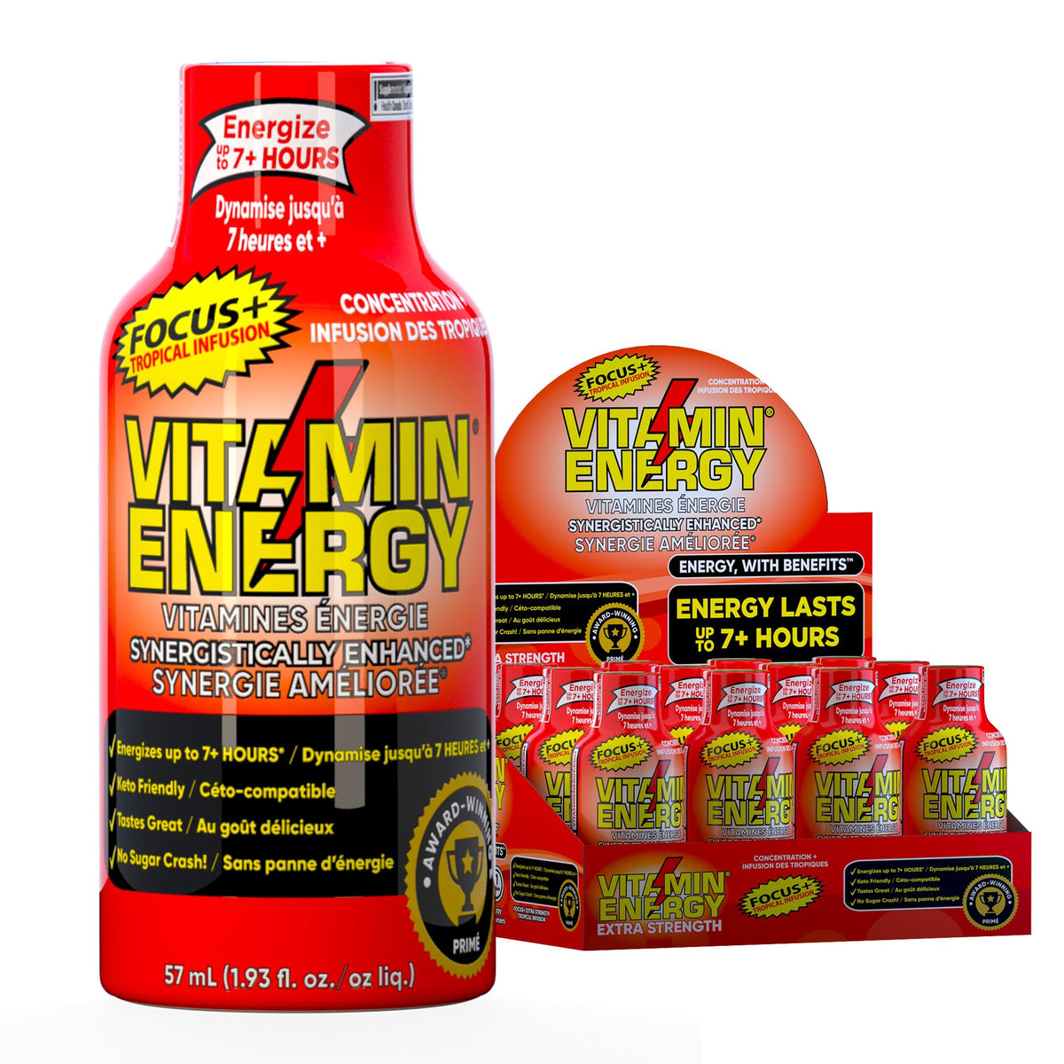 Vitamin Energy Focus+ Infusión Tropical, empaque compacto para energía rápida.