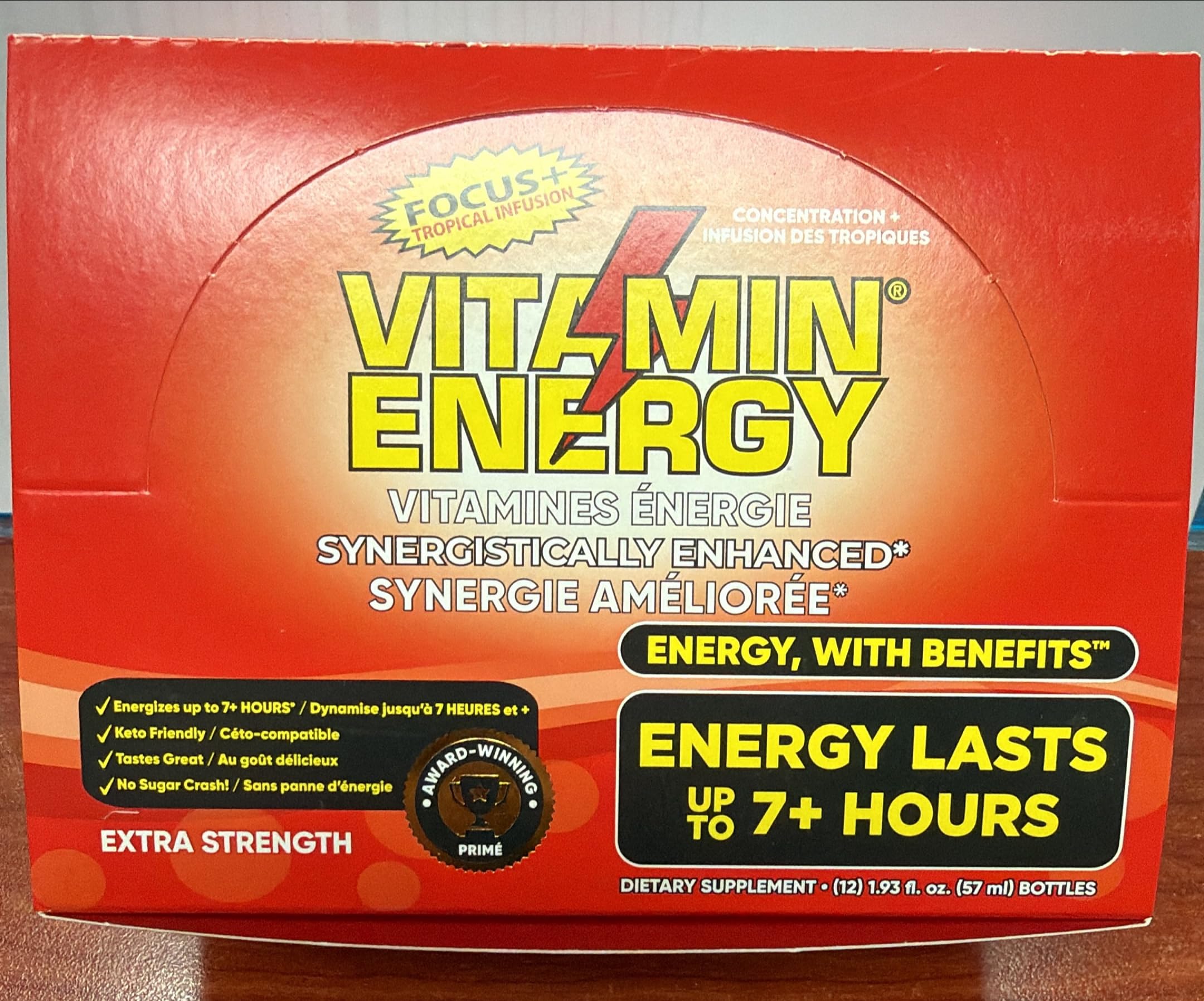 Vitamin Energy Focus+ Infusión Tropical, textura ligera lista para consumo rápido.
