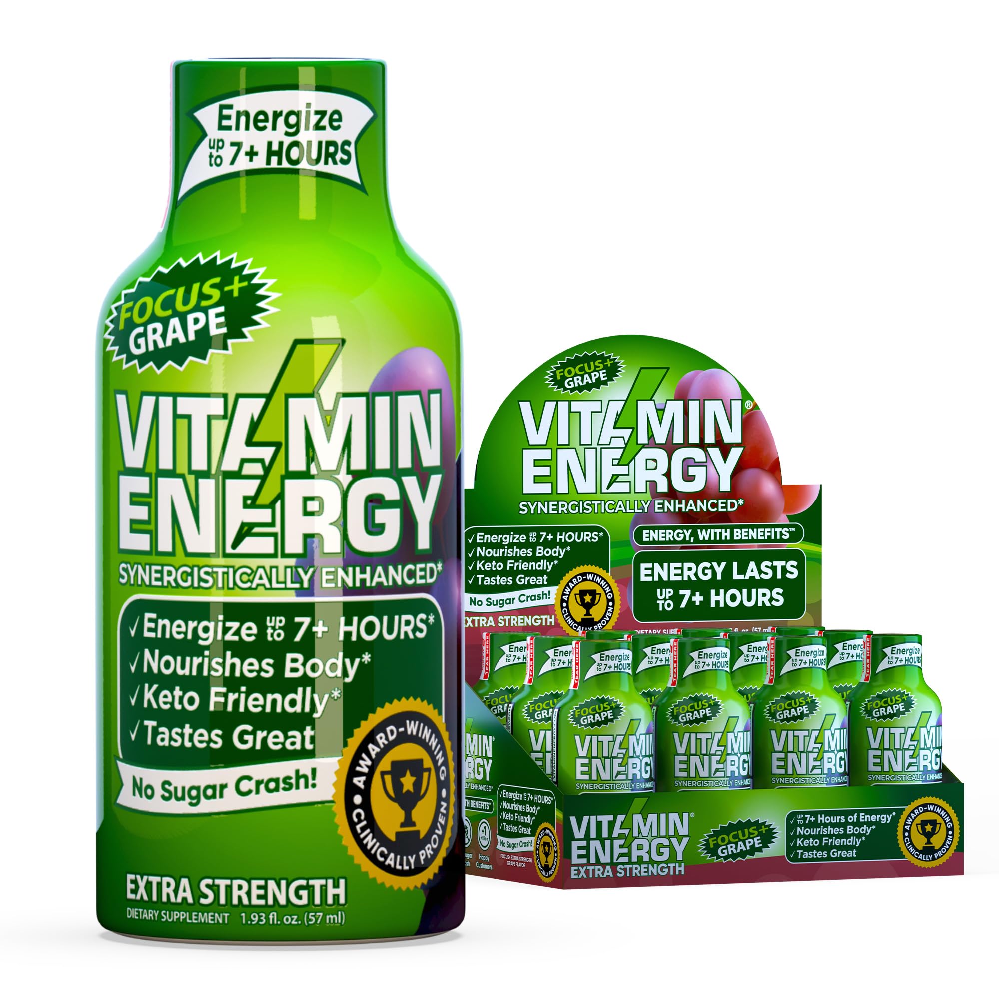 Vitamin Energy Shot: botella de sabor uva para energía rápida y foco sostenido.