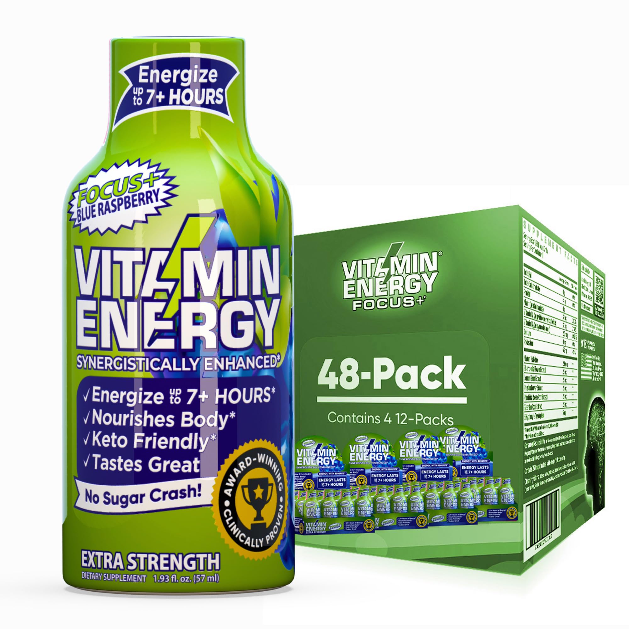 Vitamin Energy Shot vertido en la mano para favorecer un enfoque sostenido.