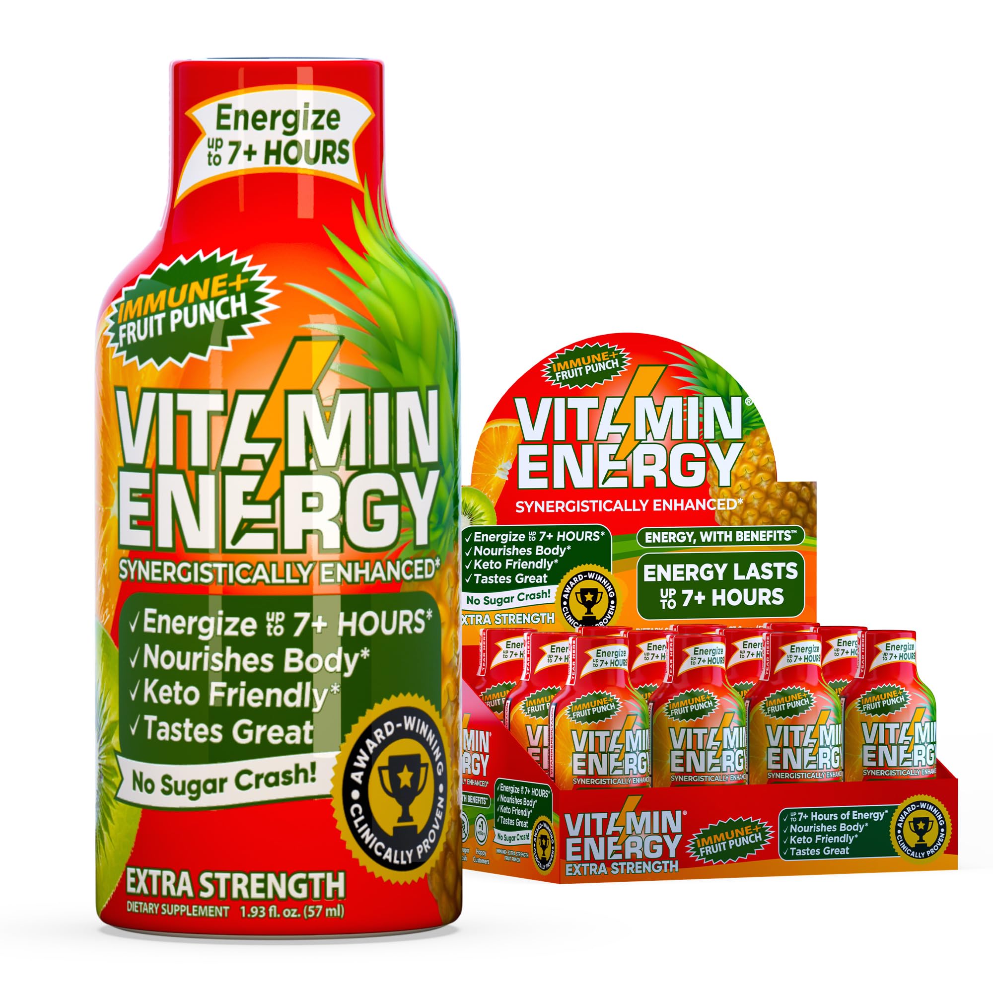 Vitamin Energy vertido de botella para energía rápida y sabor intenso.