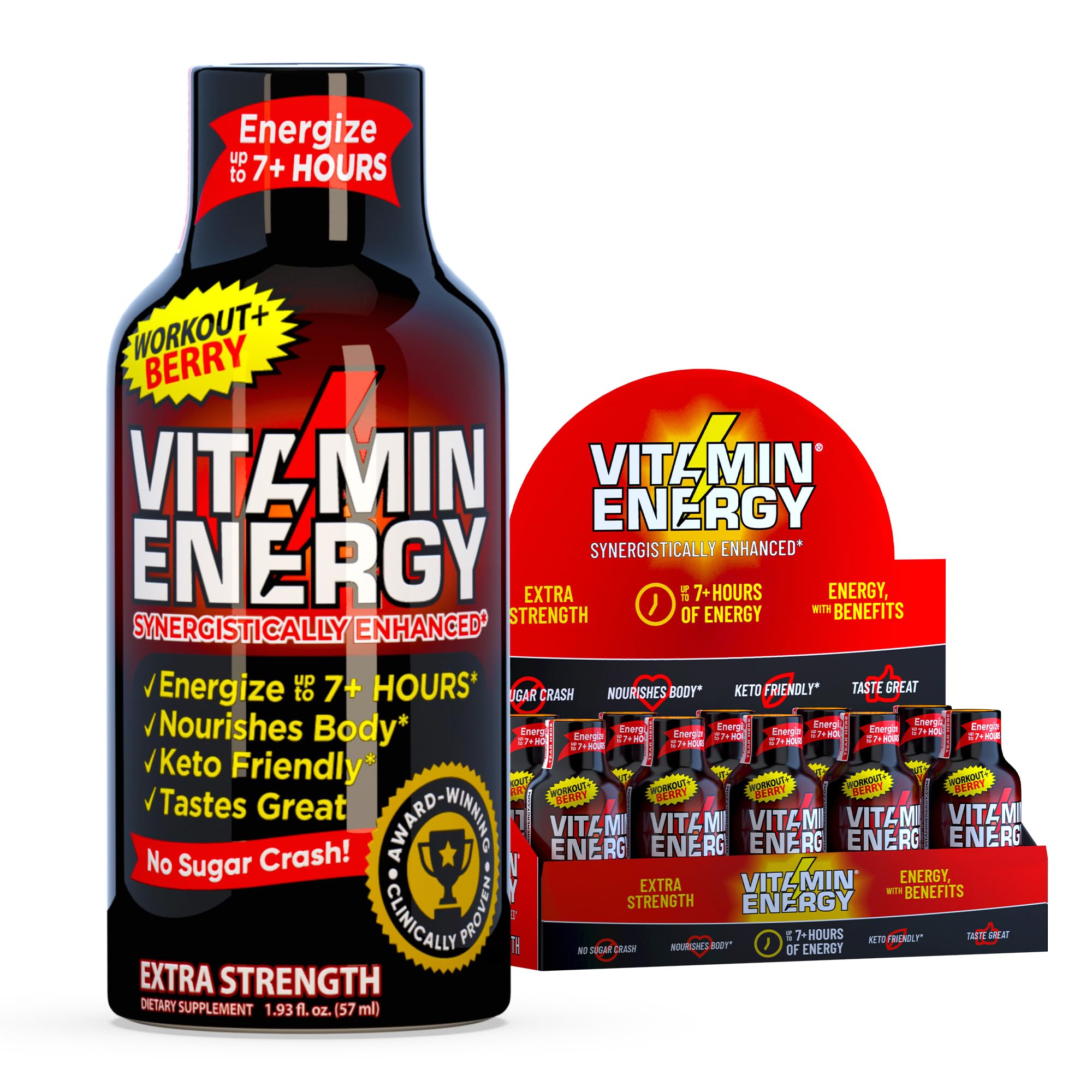 Vitamin Energy Workout+ frente al envase, diseño y sabor a frutos rojos visibles.