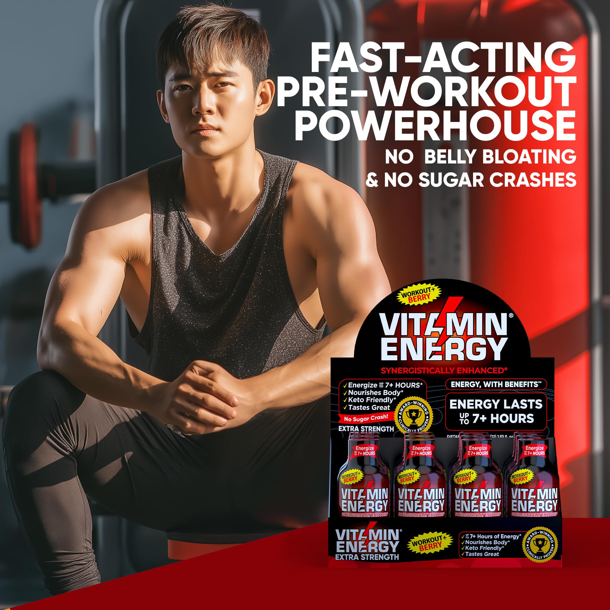 Vitamin Energy Workout+ uso en bolso de gimnasio, práctico y compacto.