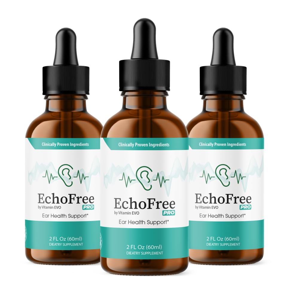 Vitamin Evo Echo Free Tinnitus Drops, botella visible, posible apoyo natural para la salud auditiva