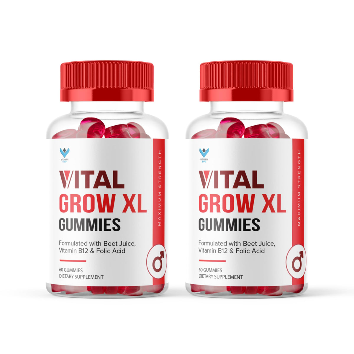 Gomitas Vital Grow XL de Vitamin Evo en dos frascos para impulsar energía natural.