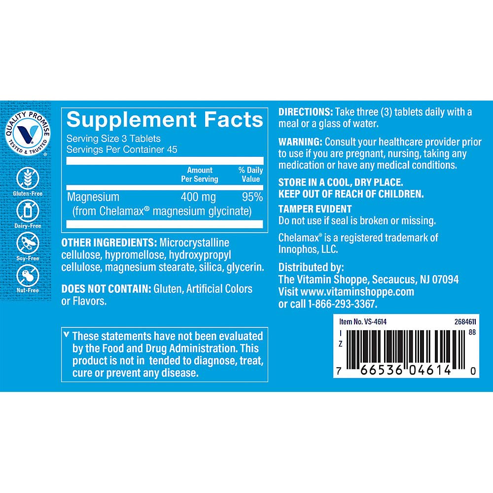 The Vitamin Shoppe magnesio glicinato 400 mg, envase 135 tabletas para uso diario