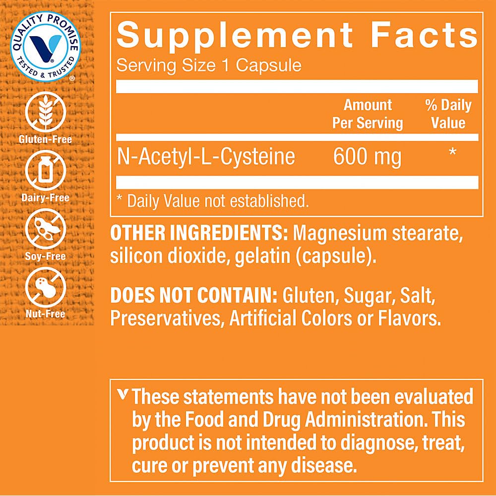 The Vitamin Shoppe NAC cápsulas primer plano ideal para dosificación diaria.