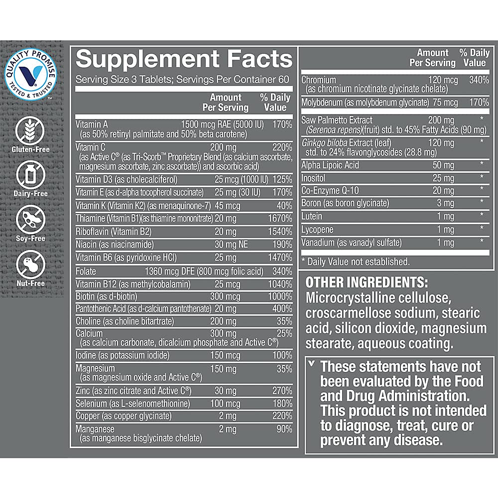 Etiqueta del frasco The Vitamin Shoppe Ultimate Man 50+ destacando beneficios