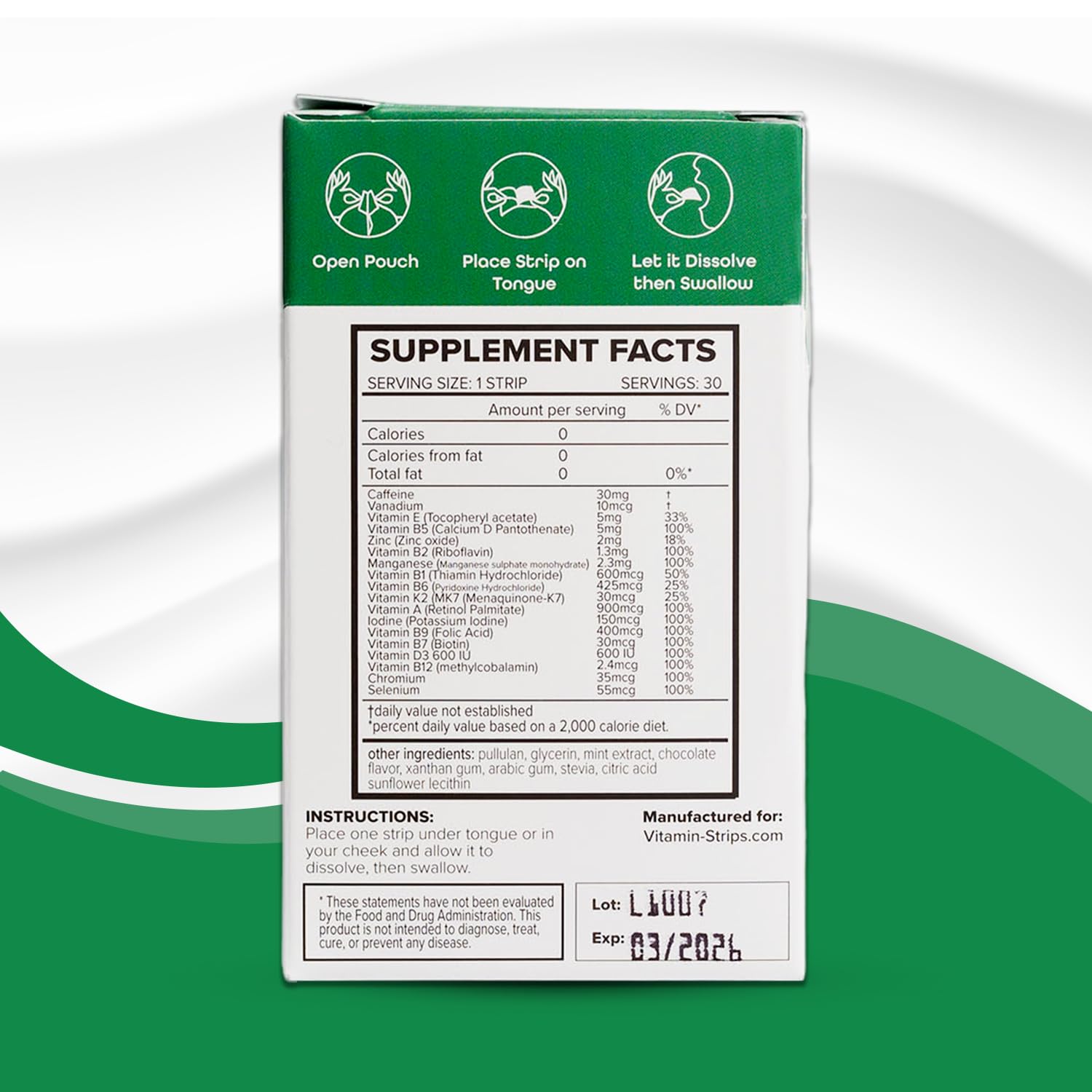 Vitamin-Strips envase práctico con tapa flip-top para uso diario.