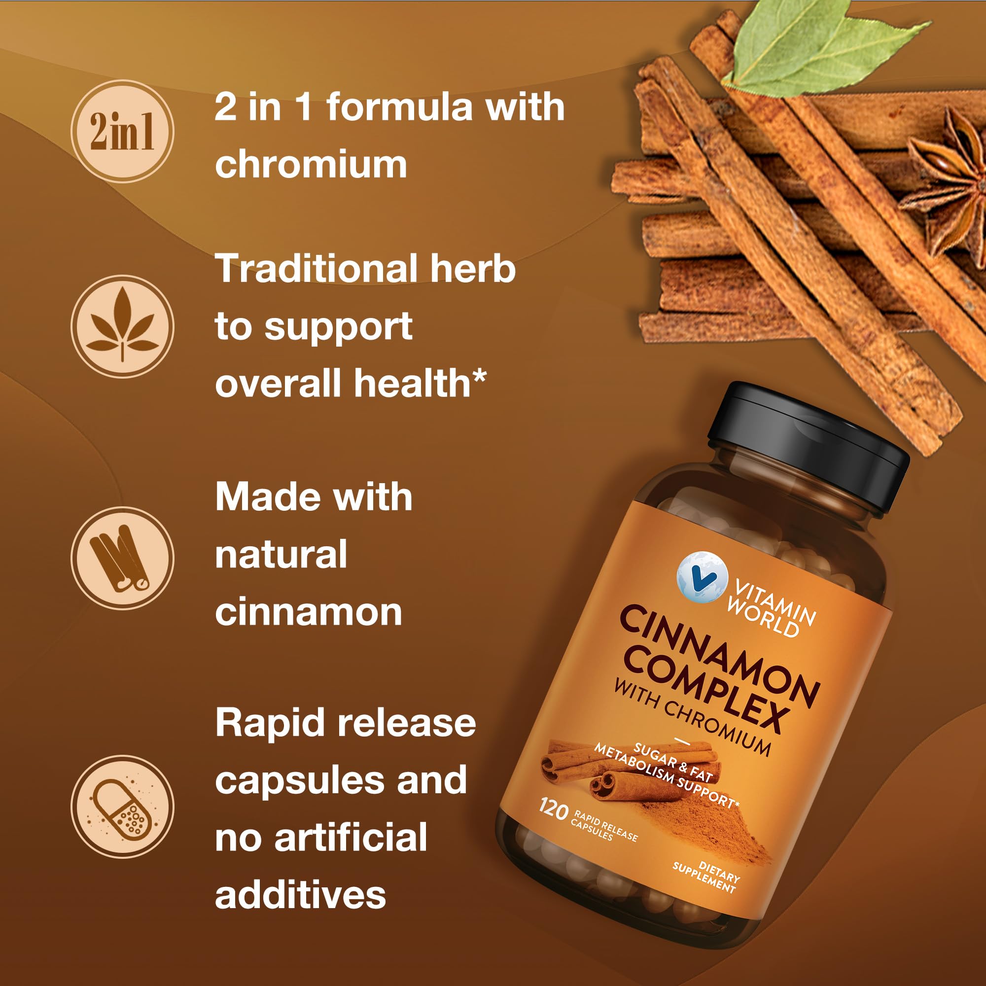 Vitamin World Cinnamon Complex caja y frasco en cocina