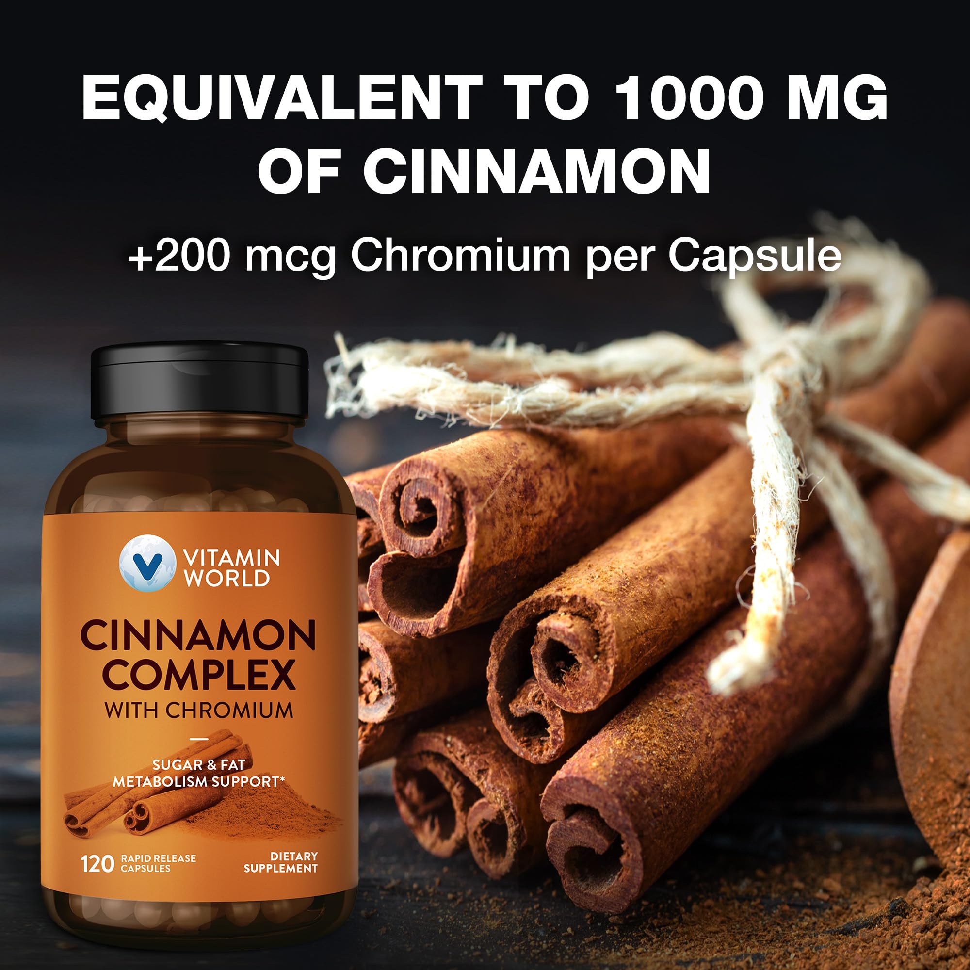 Vitamin World Cinnamon Complex cápsulas derramadas muestran fuente natural de canela