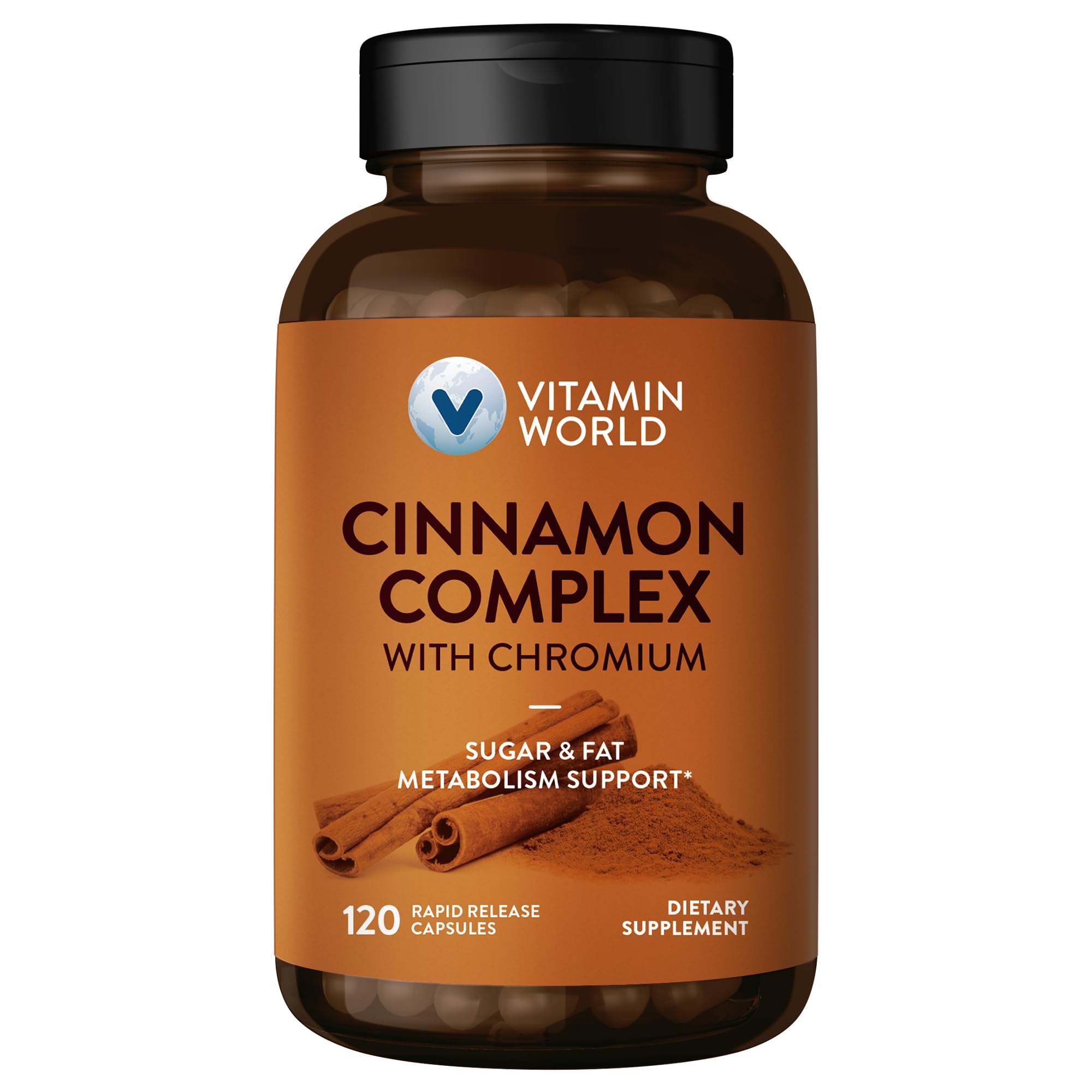 Vitamin World Cinnamon Complex frasco frontal con cápsulas, posible apoyo metabólico