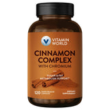 Vitamin World Cinnamon Complex frasco frontal con cápsulas, posible apoyo metabólico
