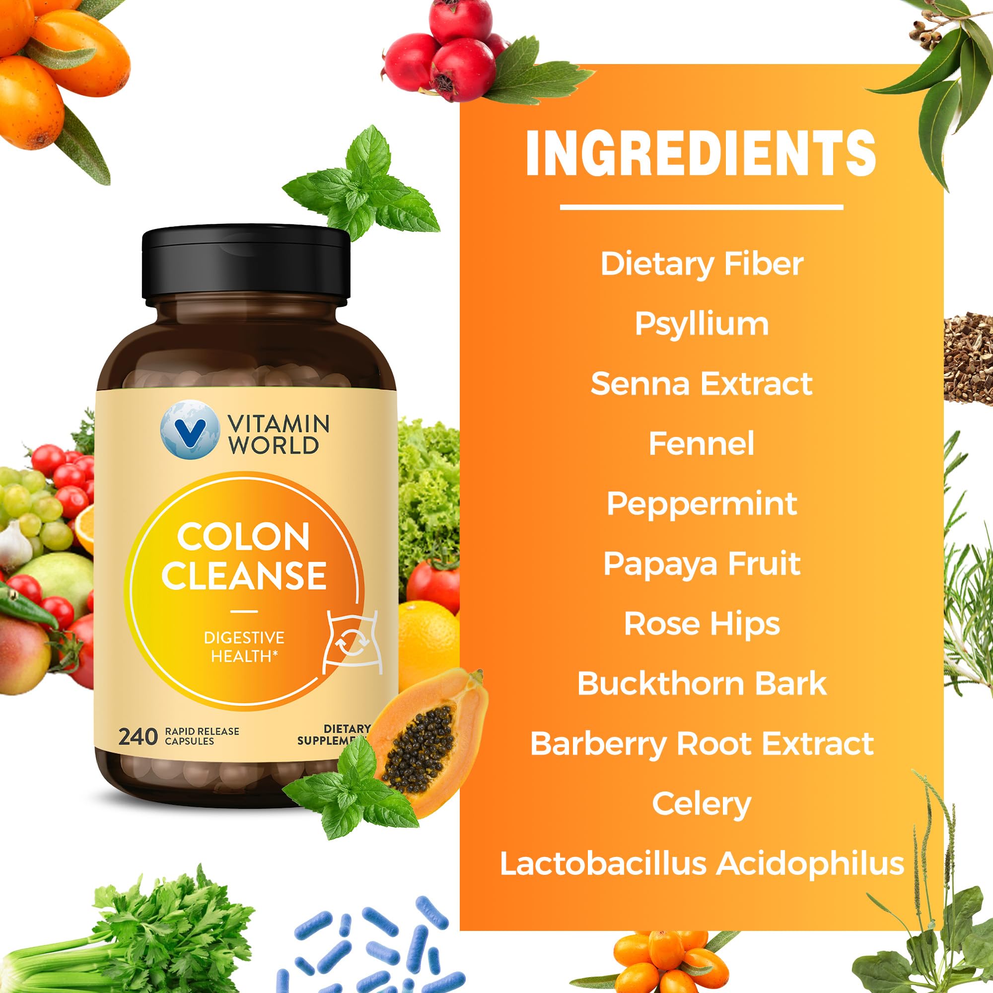 Vitamin World Colon Cleanse cápsulas de digestión suave y saludable