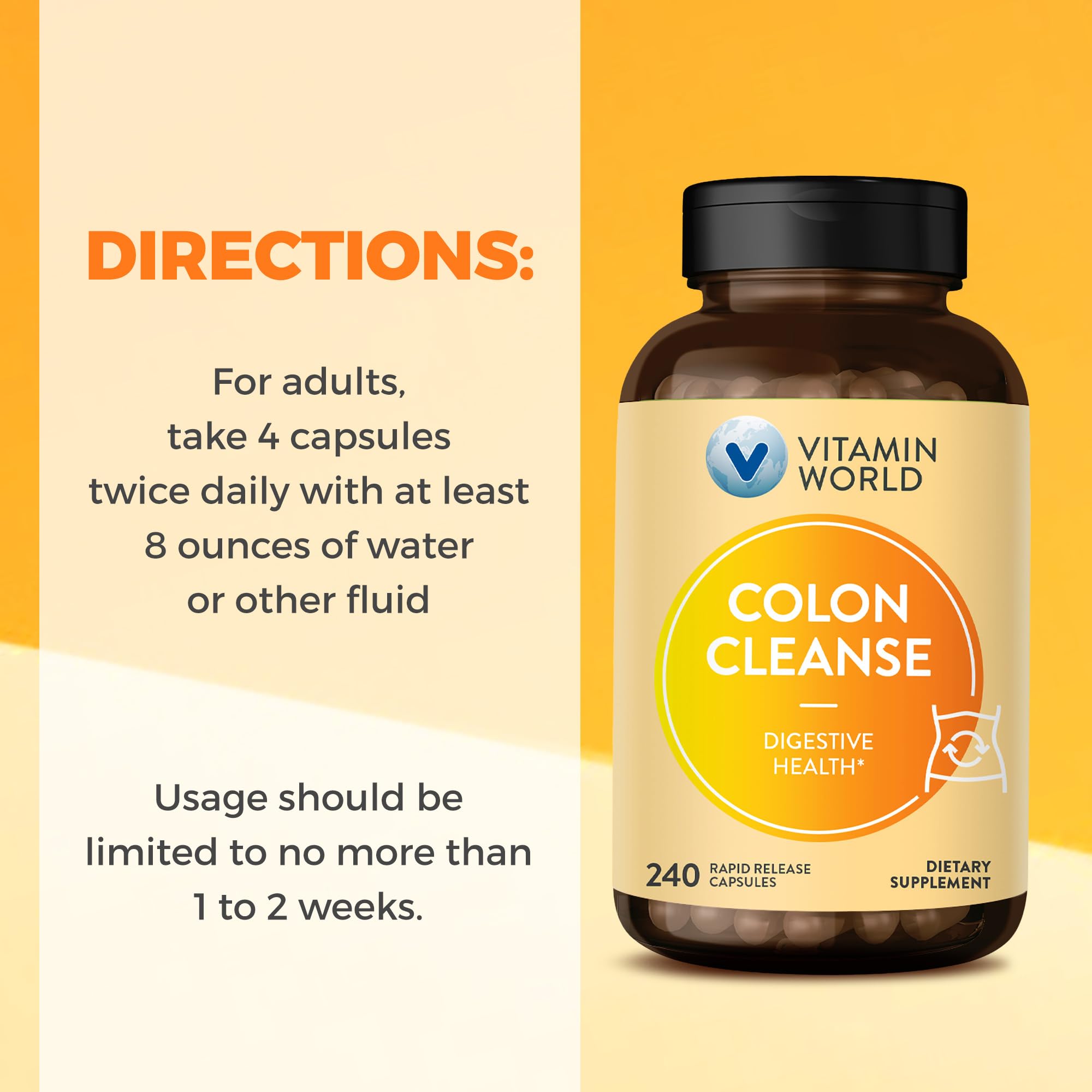 Vitamin World Colon Cleanse etiqueta limpia sin colorantes artificiales