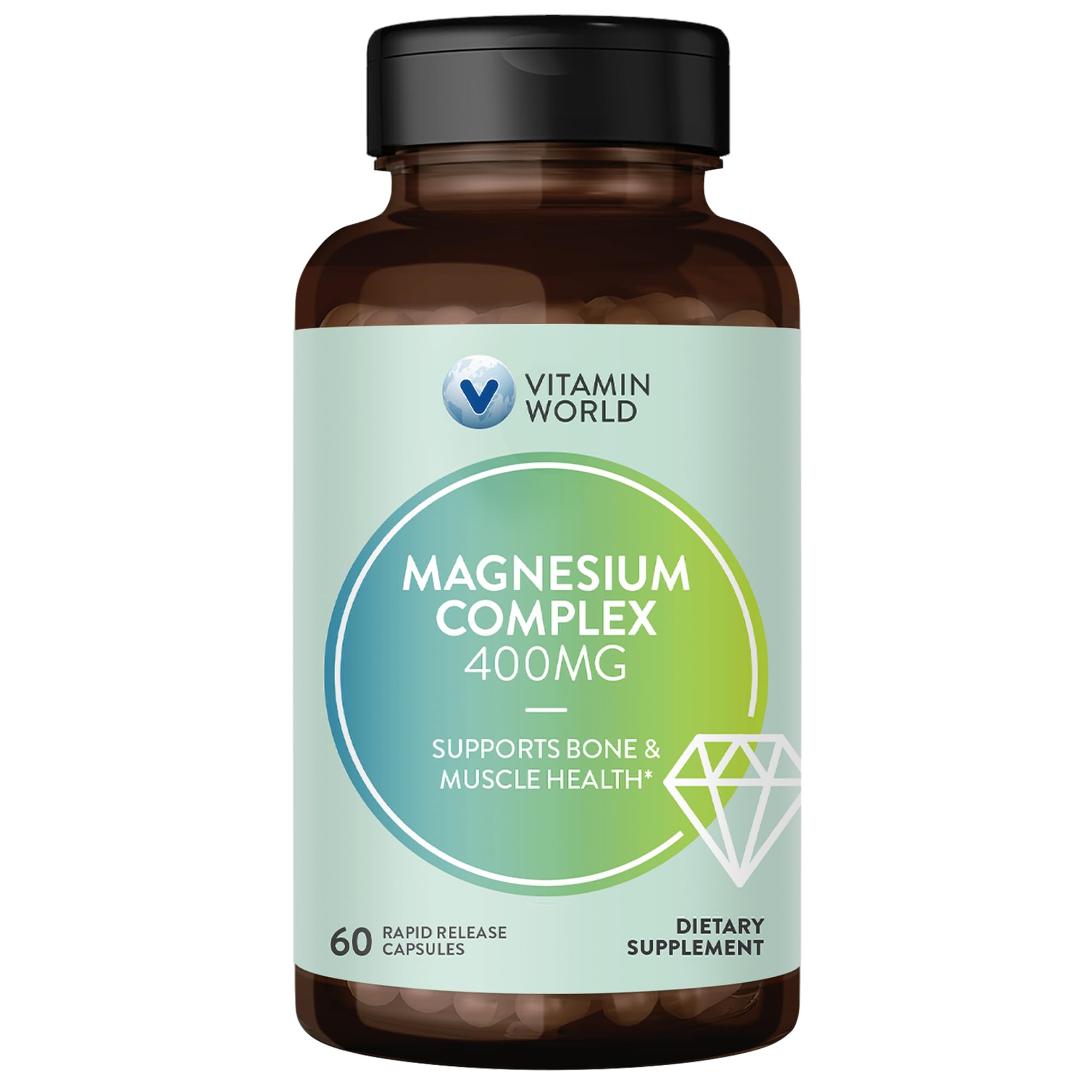 Vitamin World Magnesium Complex: cápsulas en botella, apoyo diario a huesos y músculos.