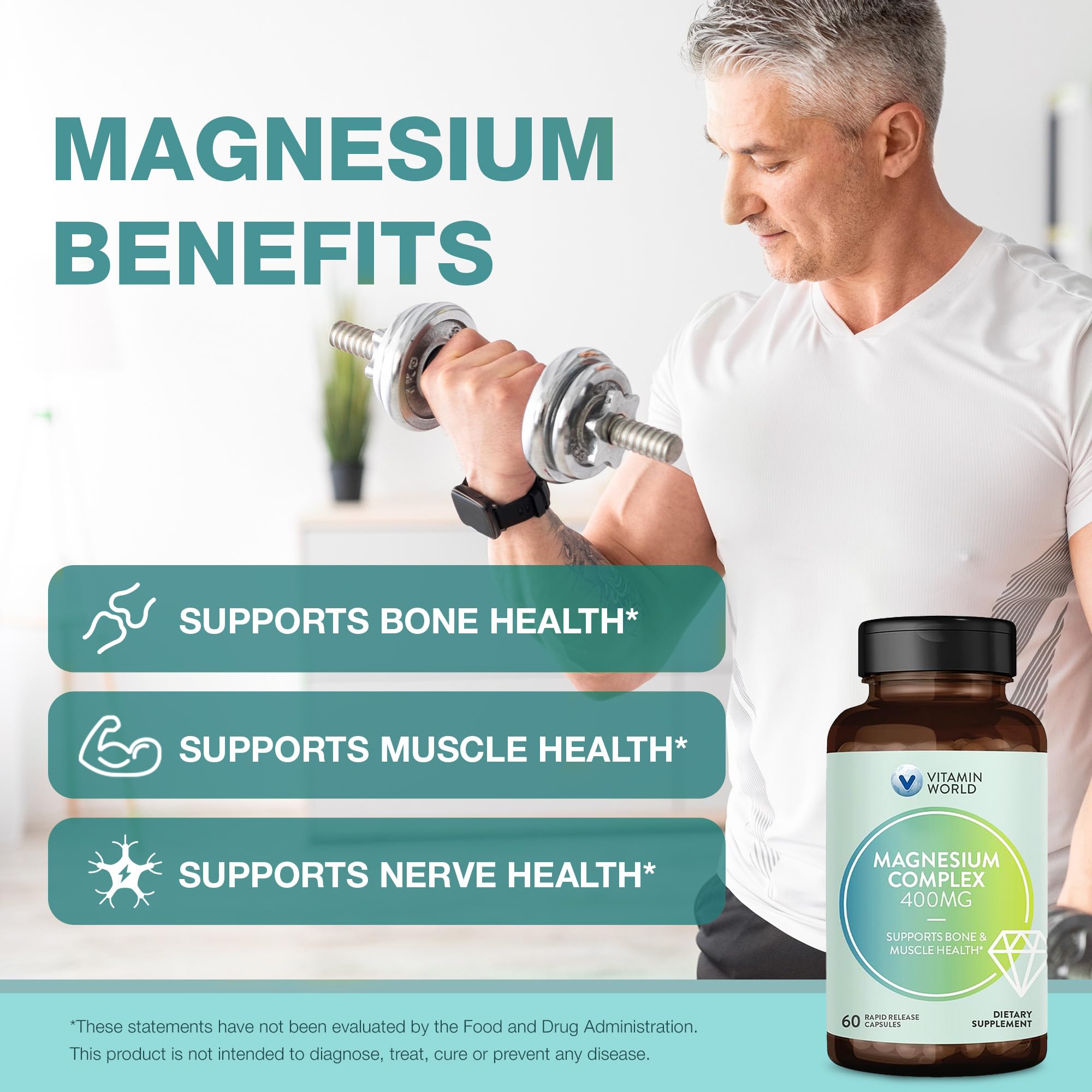 Vitamin World Magnesium Complex: etiqueta limpia sin color ni sabor artificial.