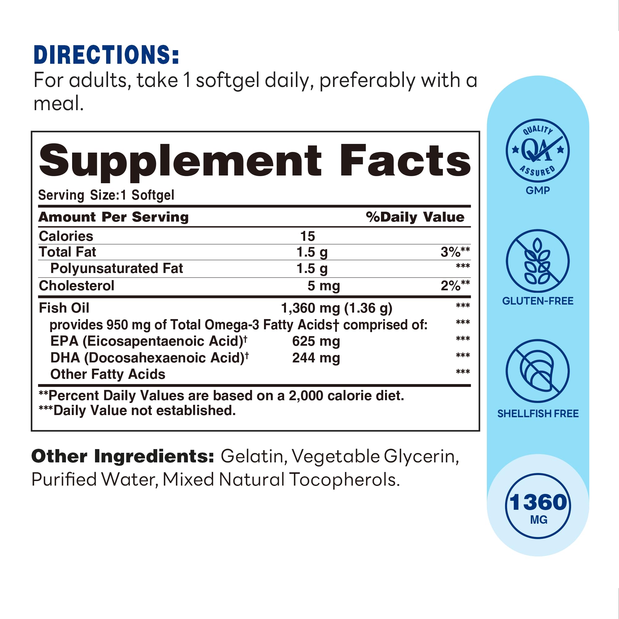 Etiqueta de Vitamin World Omega-3, información clara sobre pureza y origen.