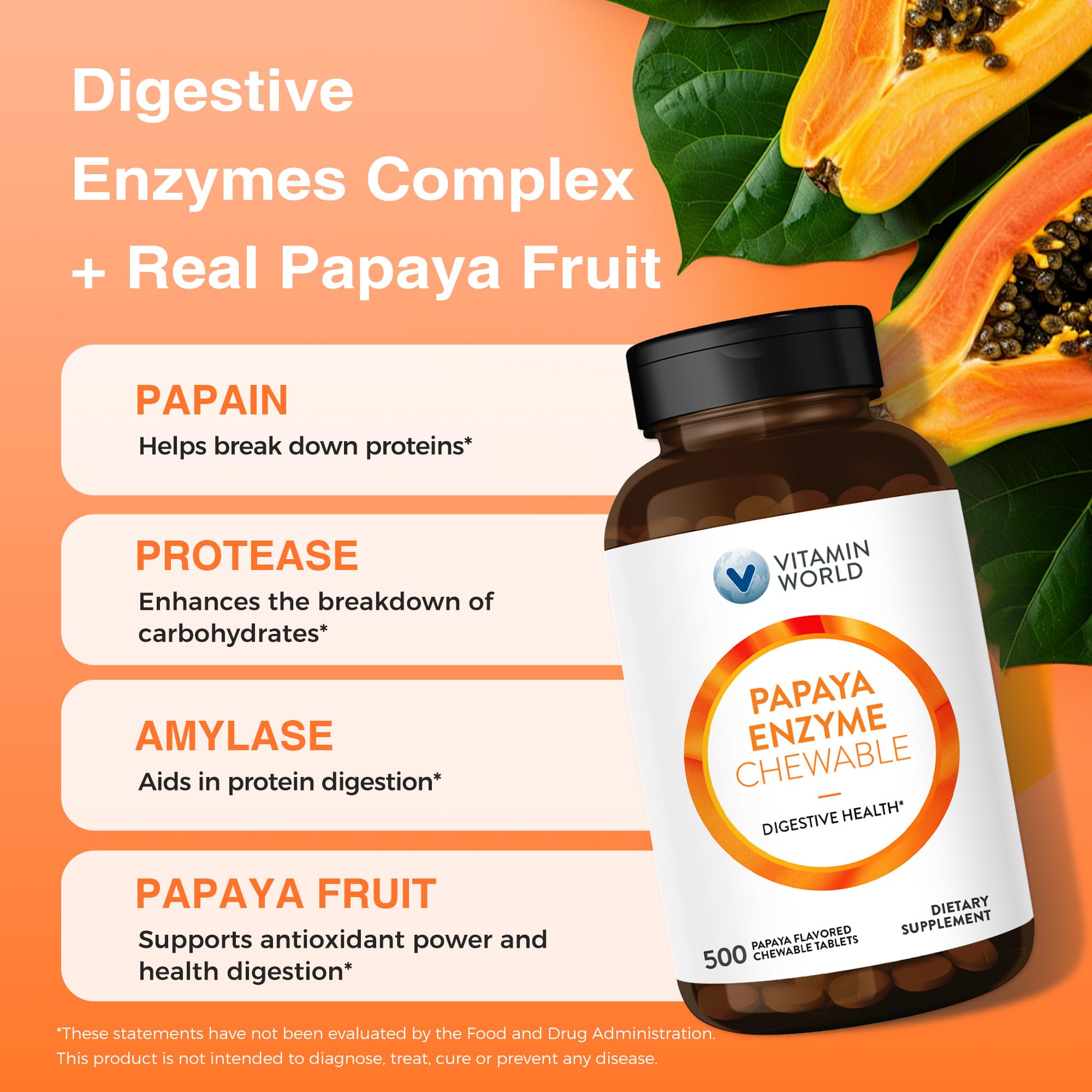 Vitamin World Papaya Enzymes: envase con 500 tabletas para uso diario.
