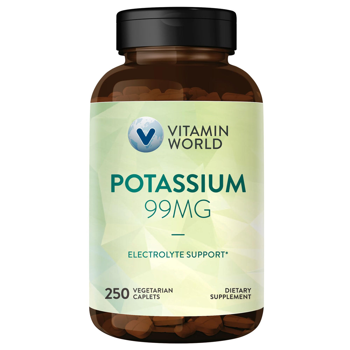Vitamin World Potassium 99 mg, botella frontal, apoyo diario a músculos y nervios.