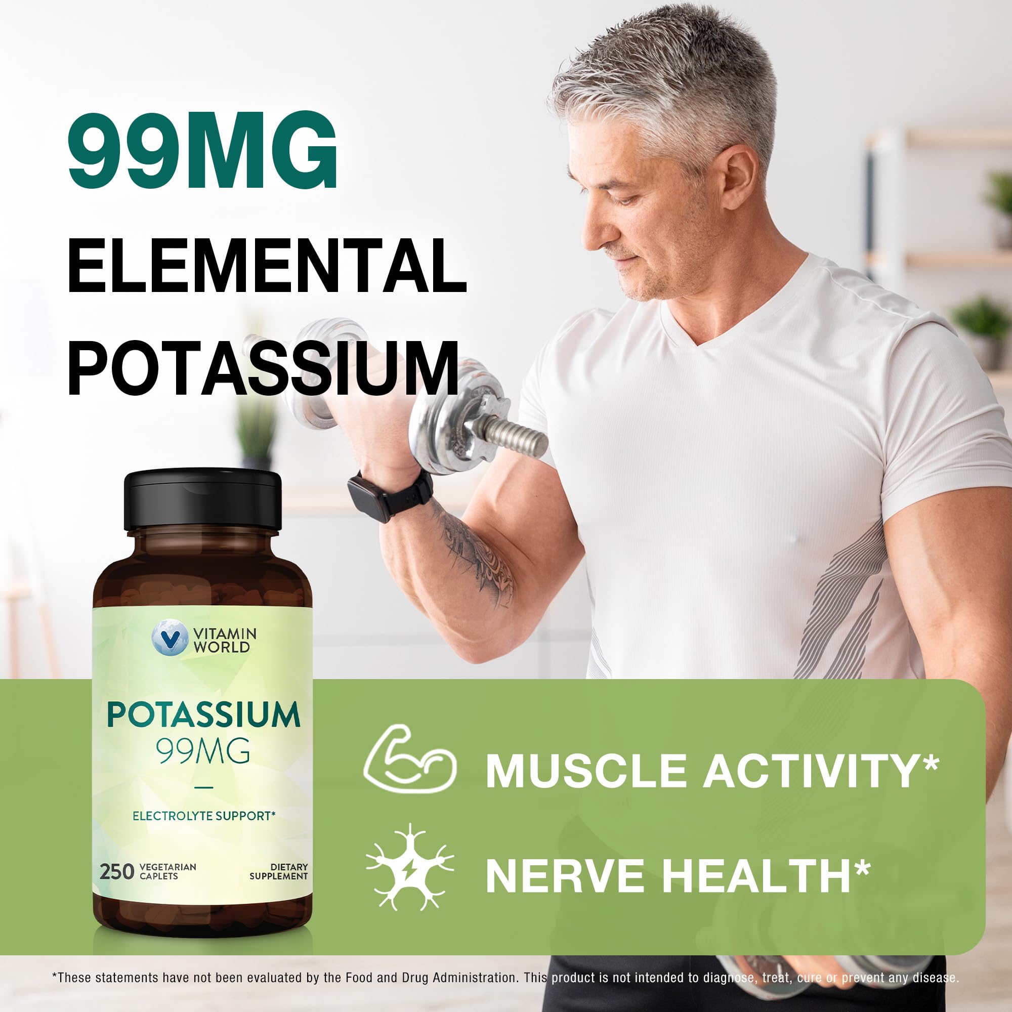 Vitamin World Potassium 99 mg, detalle de ingredientes de alta pureza.