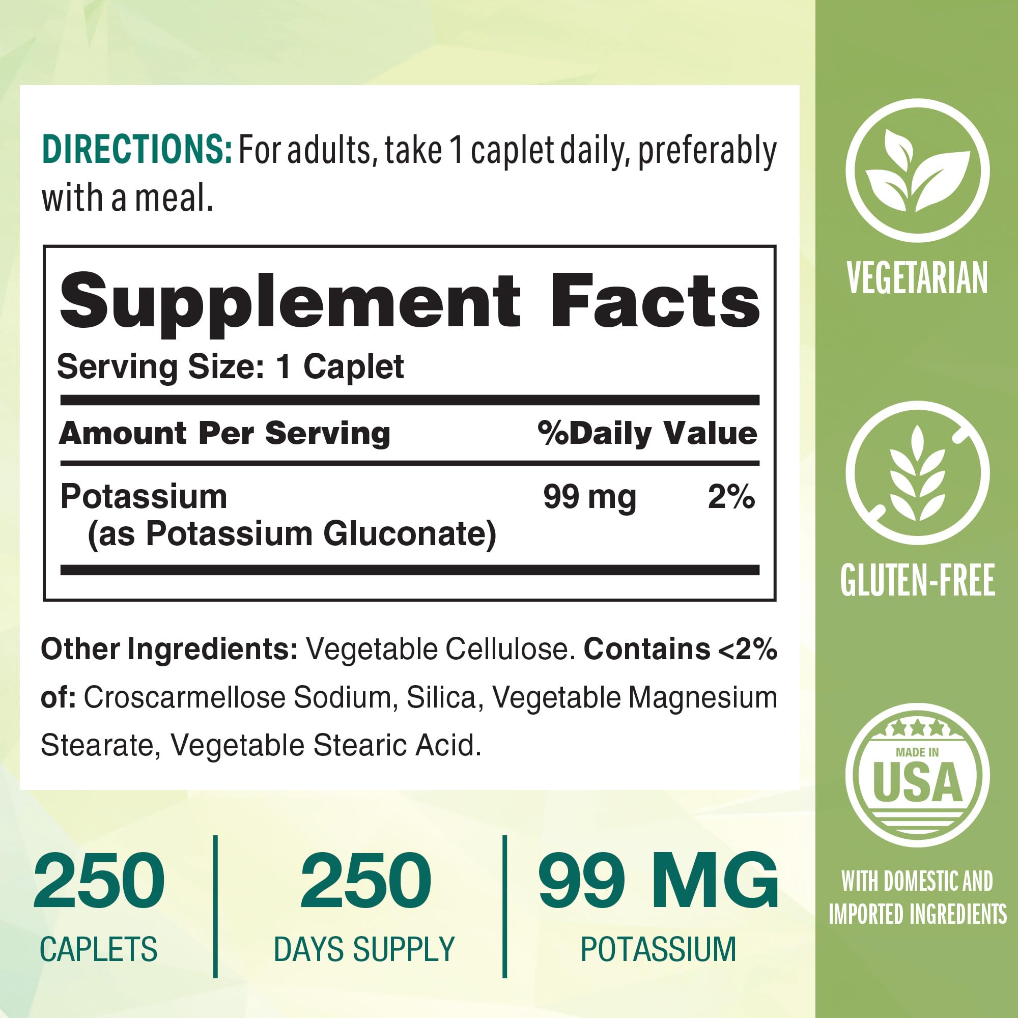 Vitamin World Potassium 99 mg, etiqueta vegan, libre de colorantes artificiales.