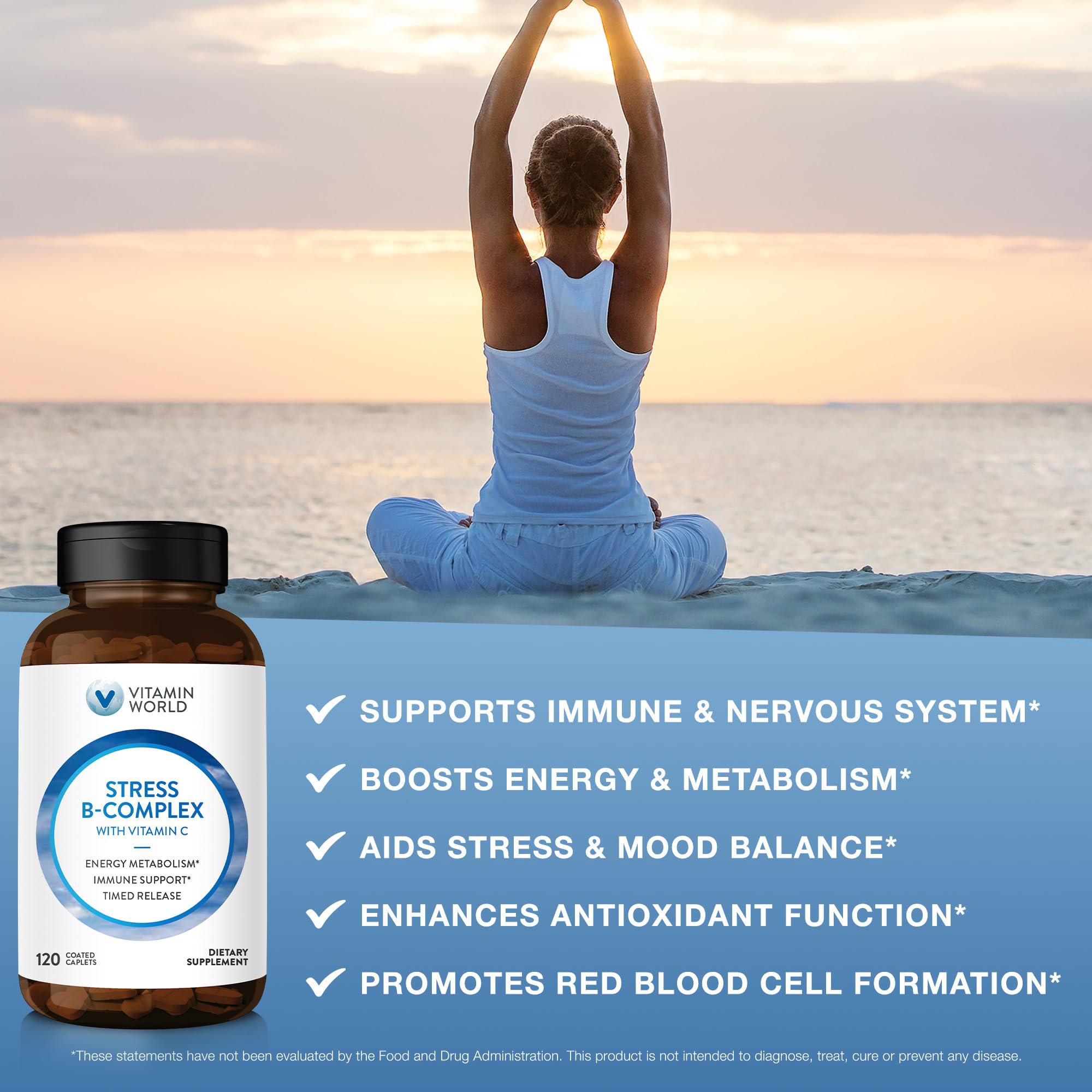 Dosificador de Vitamin World Stress B Complex para dosis diarias precisas.