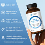 Empaque de Vitamin World Stress B Complex mostrando su diseño y etiqueta.
