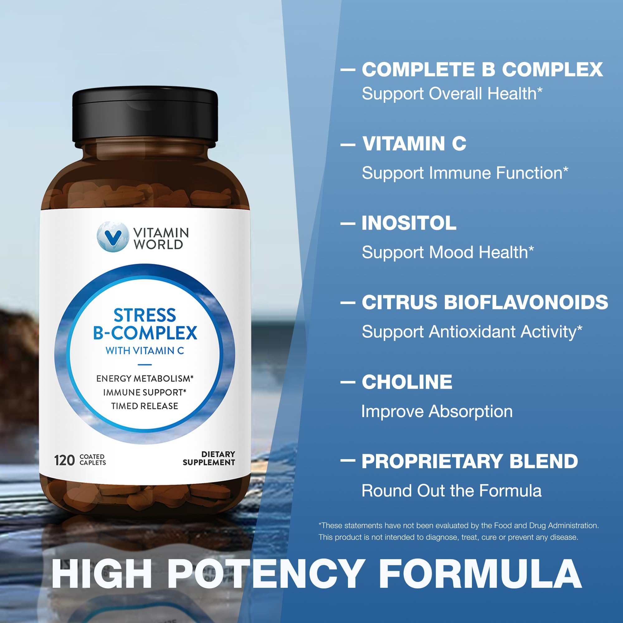 Tabla nutricional de Vitamin World Stress B Complex para claridad del usuario.