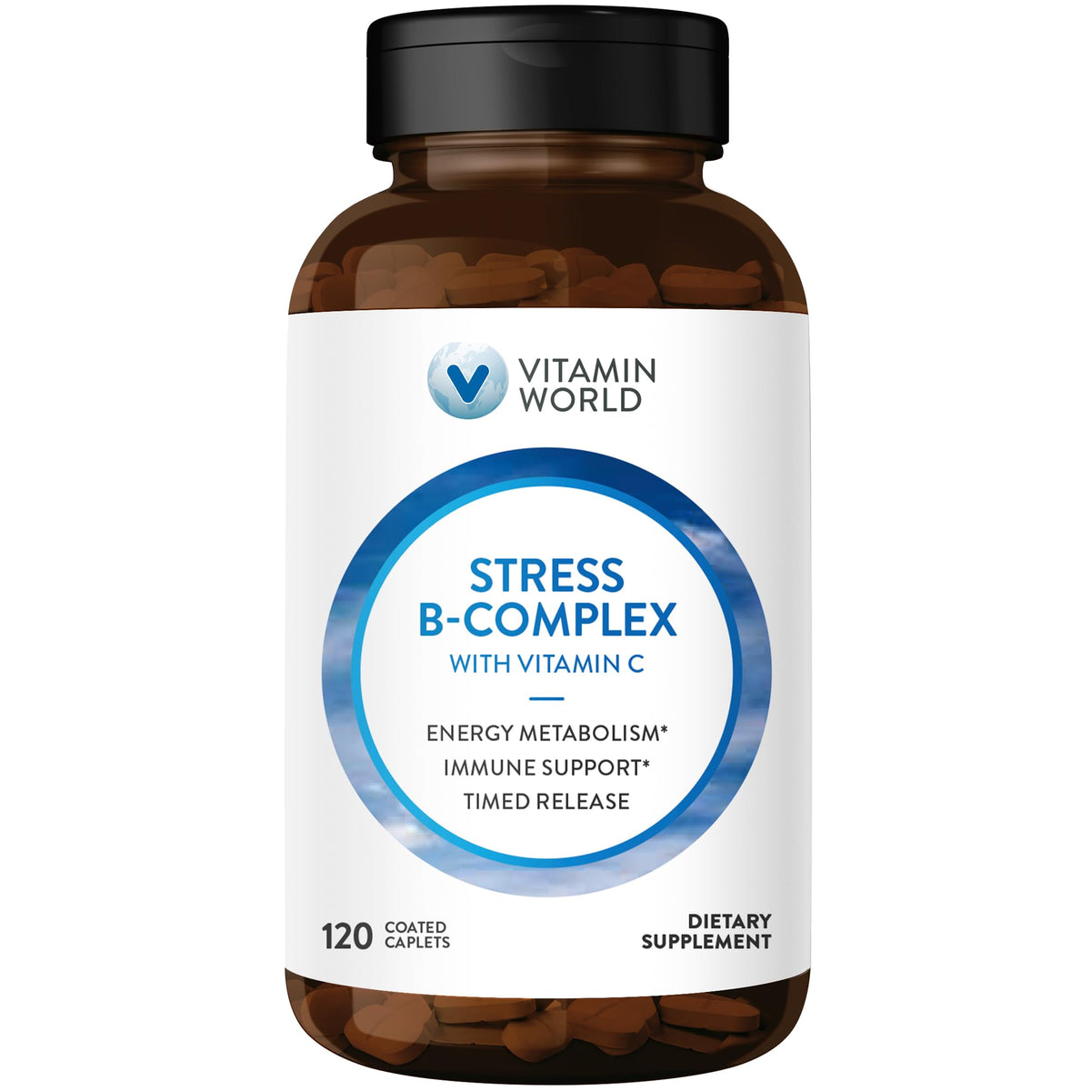 Vitamin World Stress B Complex en frasco para energía diaria y bienestar general.