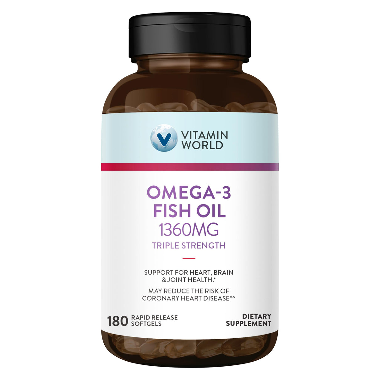Vitamin World Omega-3 Triple Fuerza, bote frontal, posible apoyo a la salud del corazón.