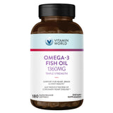 Vitamin World Omega-3 Triple Fuerza, bote frontal, posible apoyo a la salud del corazón.