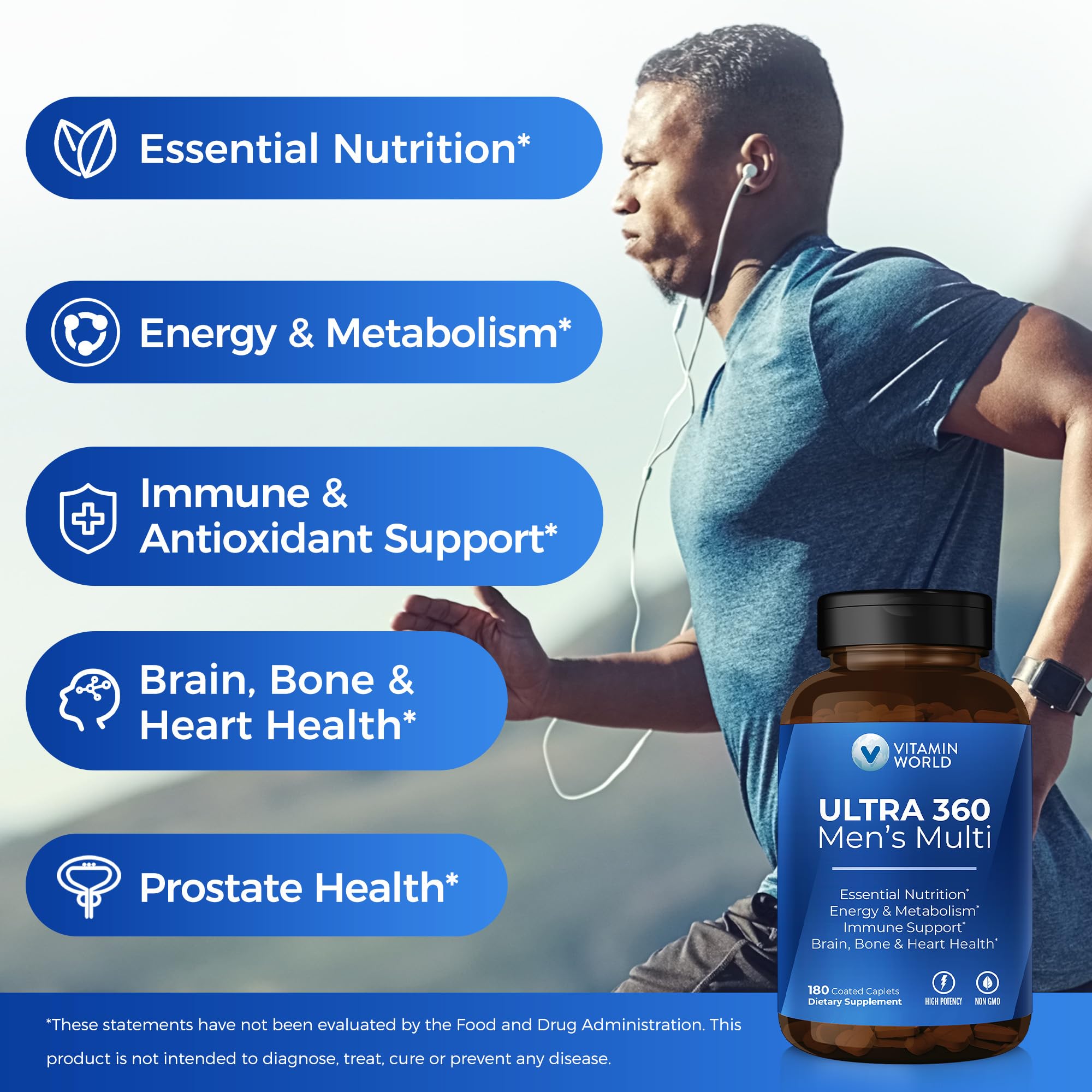 Caja exterior de Vitamin World Ultra 360, diseño premium para estilo de vida activo.